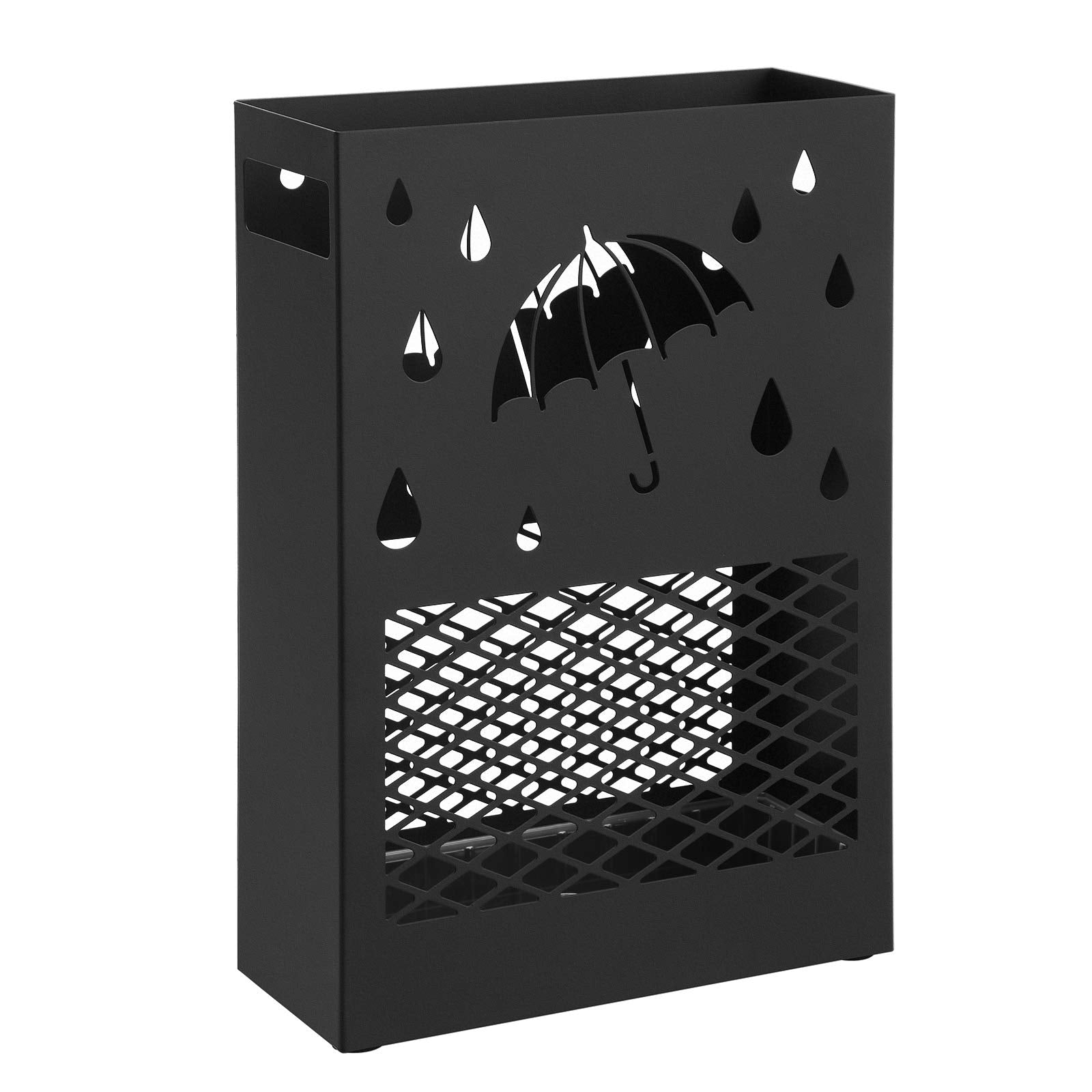 SONGMICS Metal Umbrella Stand - Rectangular Holder with 4 Hooks & Removable Drip Tray | Black 1