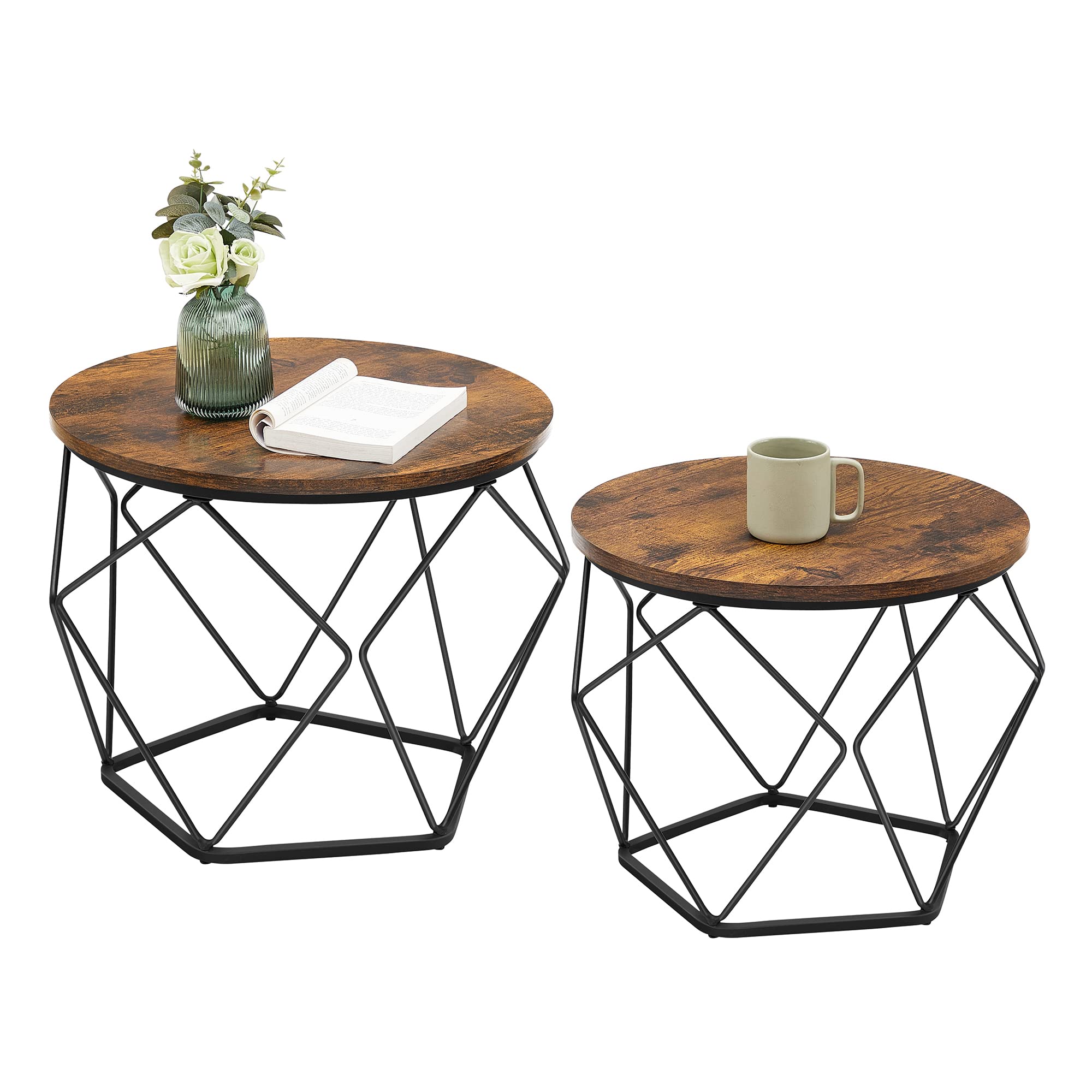 VASAGLE Set of 2 Industrial Coffee Tables - Rustic Brown/Black | Chipboard & Steel | Max Load 20kg
