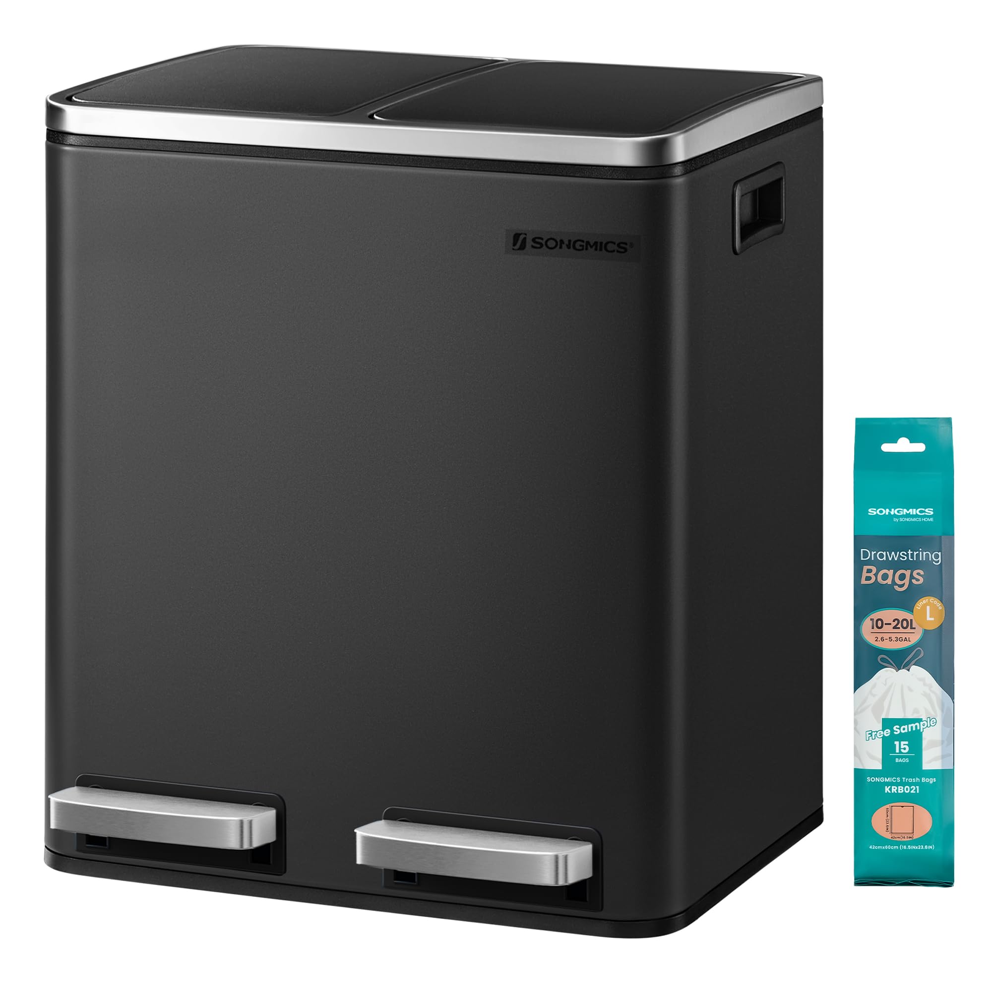 SONGMICS Dual Rubbish Bin - 2 Compartment Recycling Bin with Pedals | 2 x 15 L | Black 1