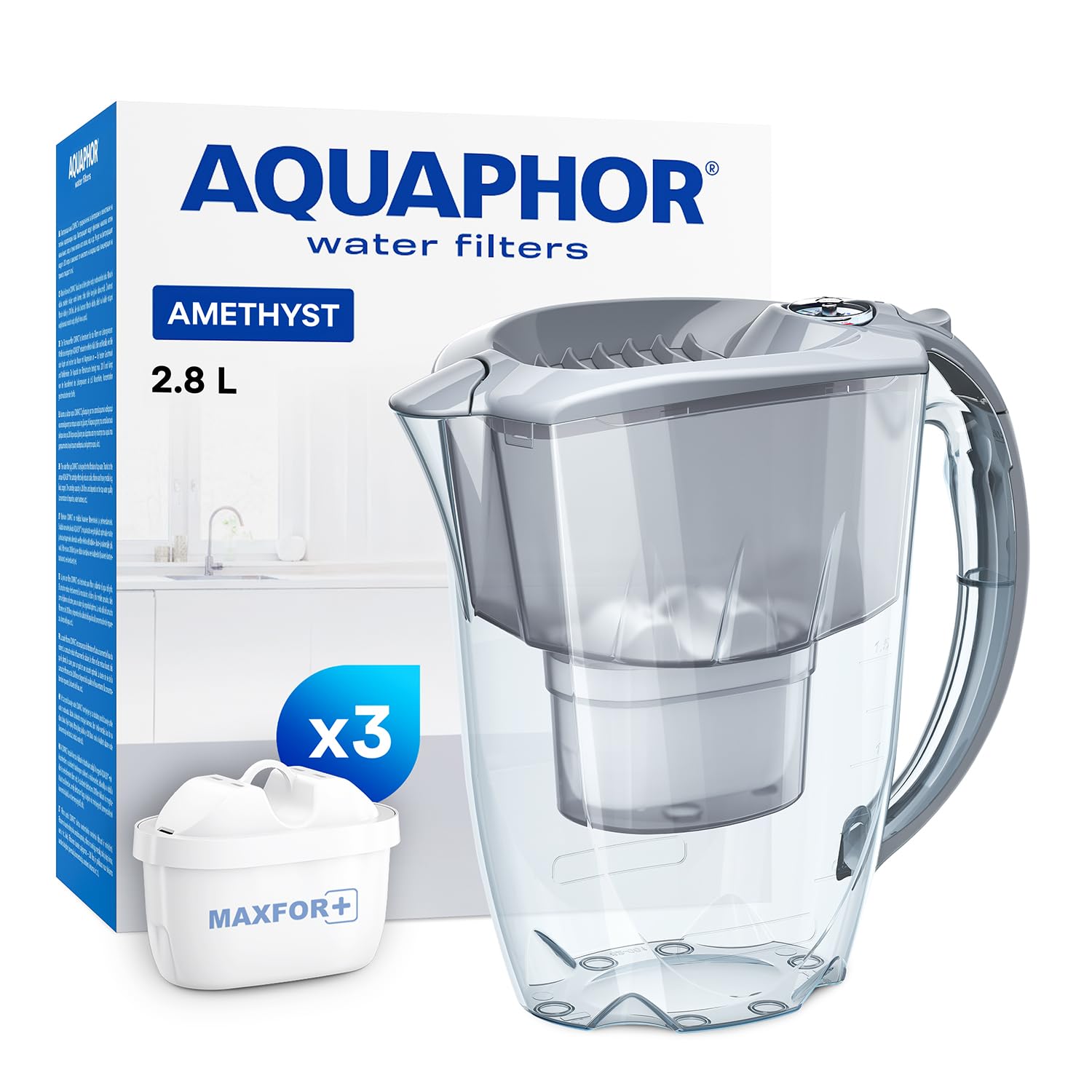 AQUAPHOR Amethyst Water Filter Jug - 2.8L Capacity | Includes 3 x MAXFOR+ 200L Cartridges | Grey 1