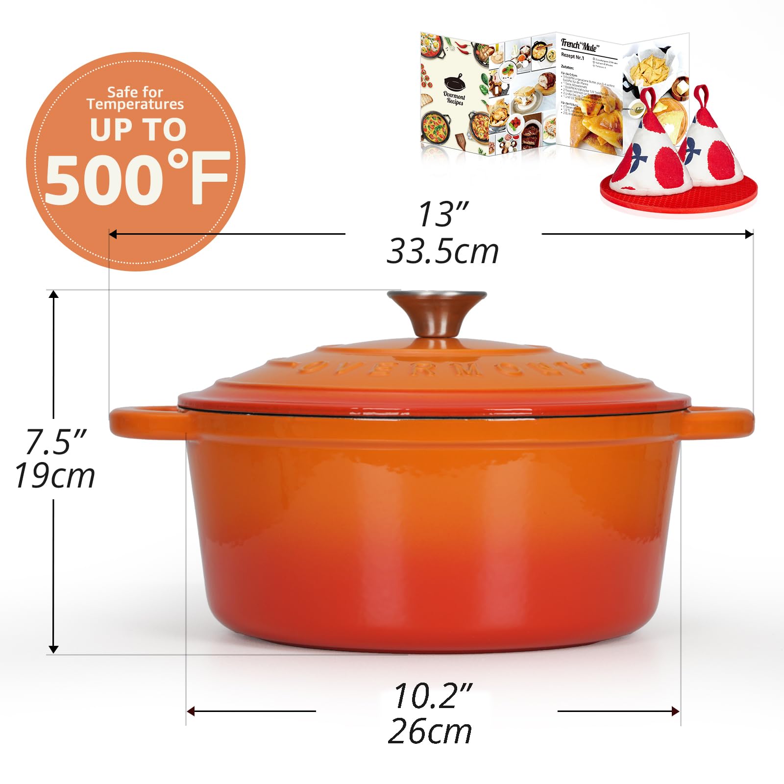 OVERMONT 26cm/5.2L Enamelled Cast Iron Round Casserole Pot with Lid | Pumpkin Color | 5.5 Quart 2