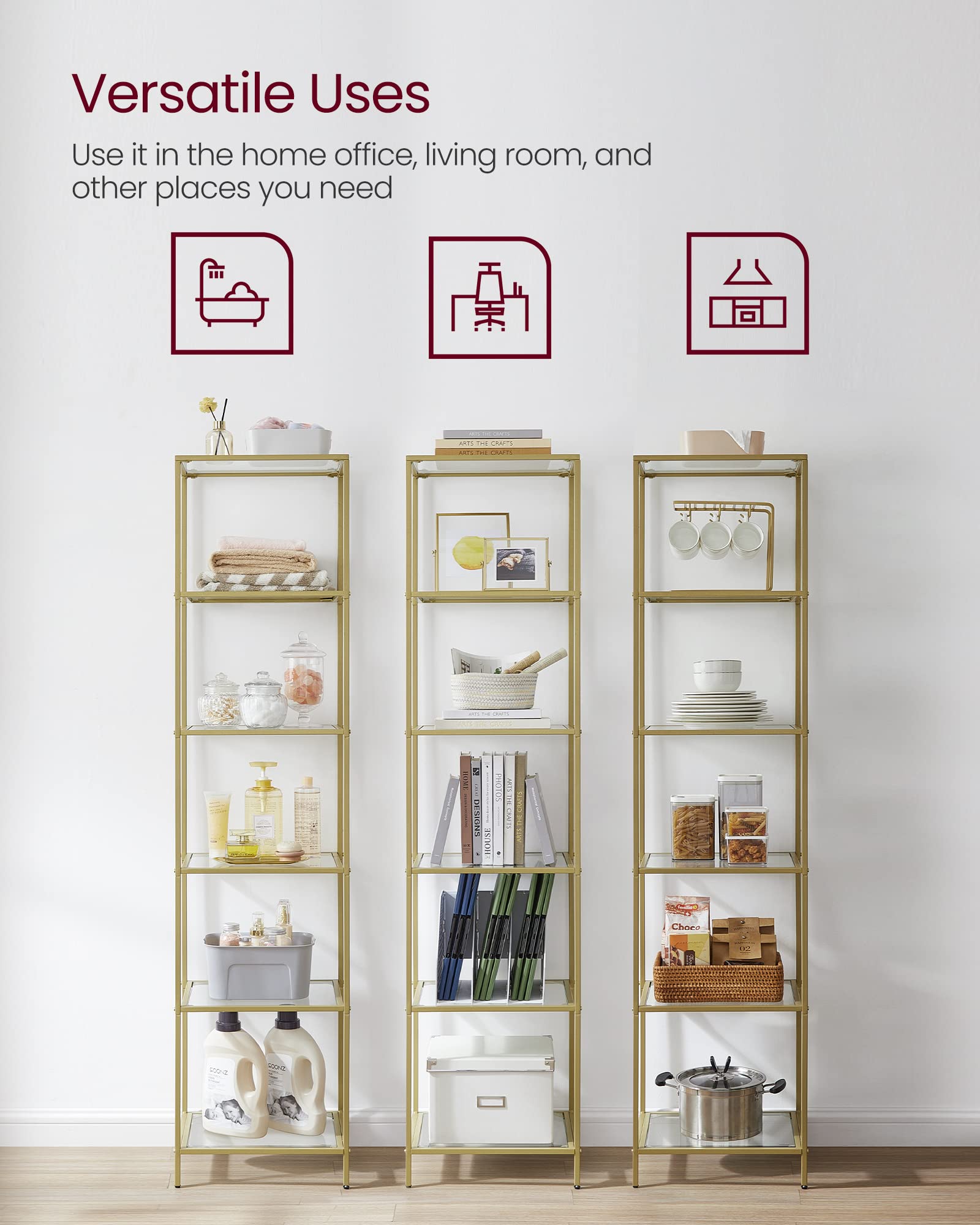 VASAGLE 6-Tier Glass Shelf Bookcase - Thin Steel Frame, Gold Finish | 30x40cm Footprint | 10kg/Shelf Capacity 9