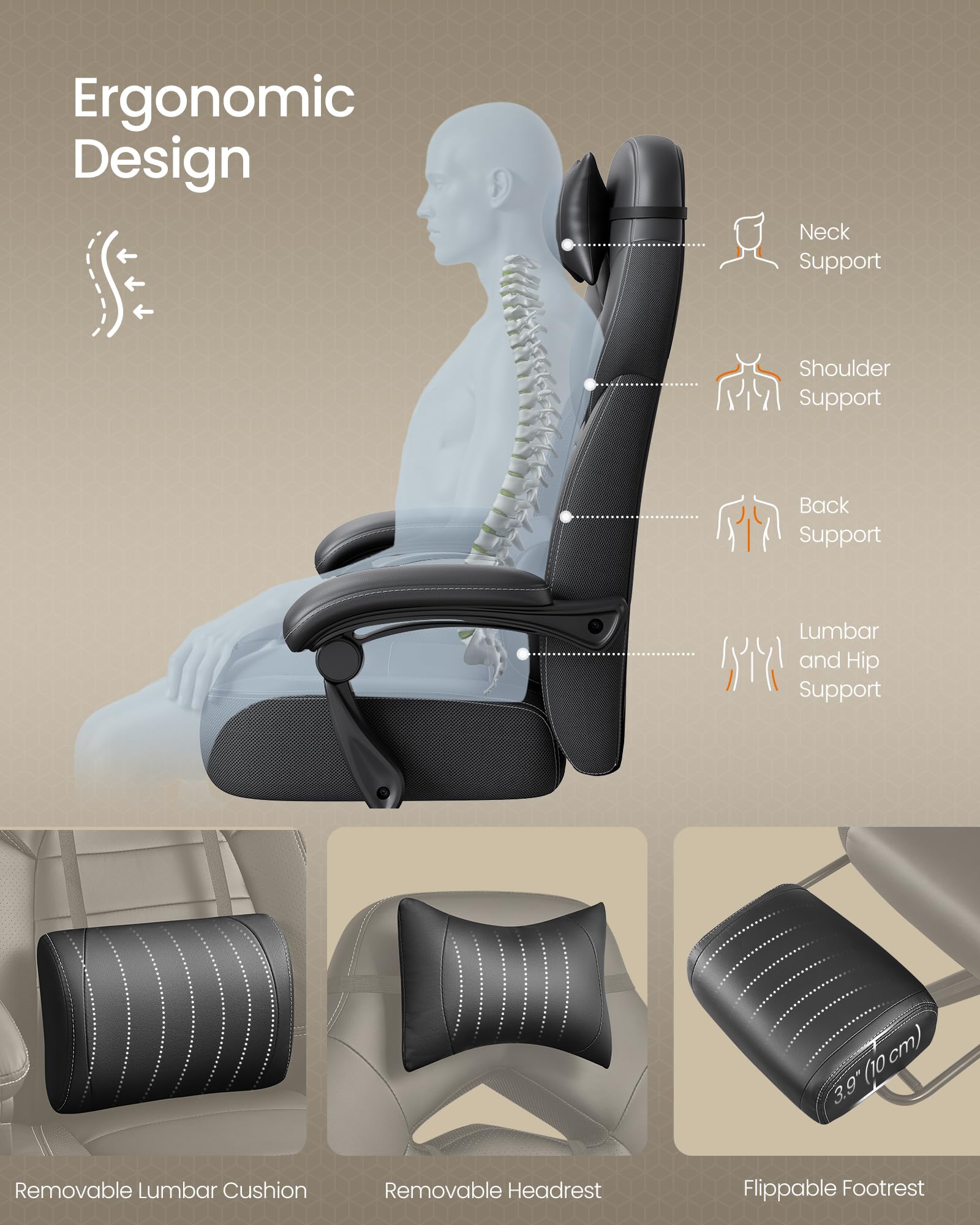 SONGMICS Gaming Chair with Footrest | Synthetic Leather | Ink Black | 70 x 70 x 121-133 cm 6