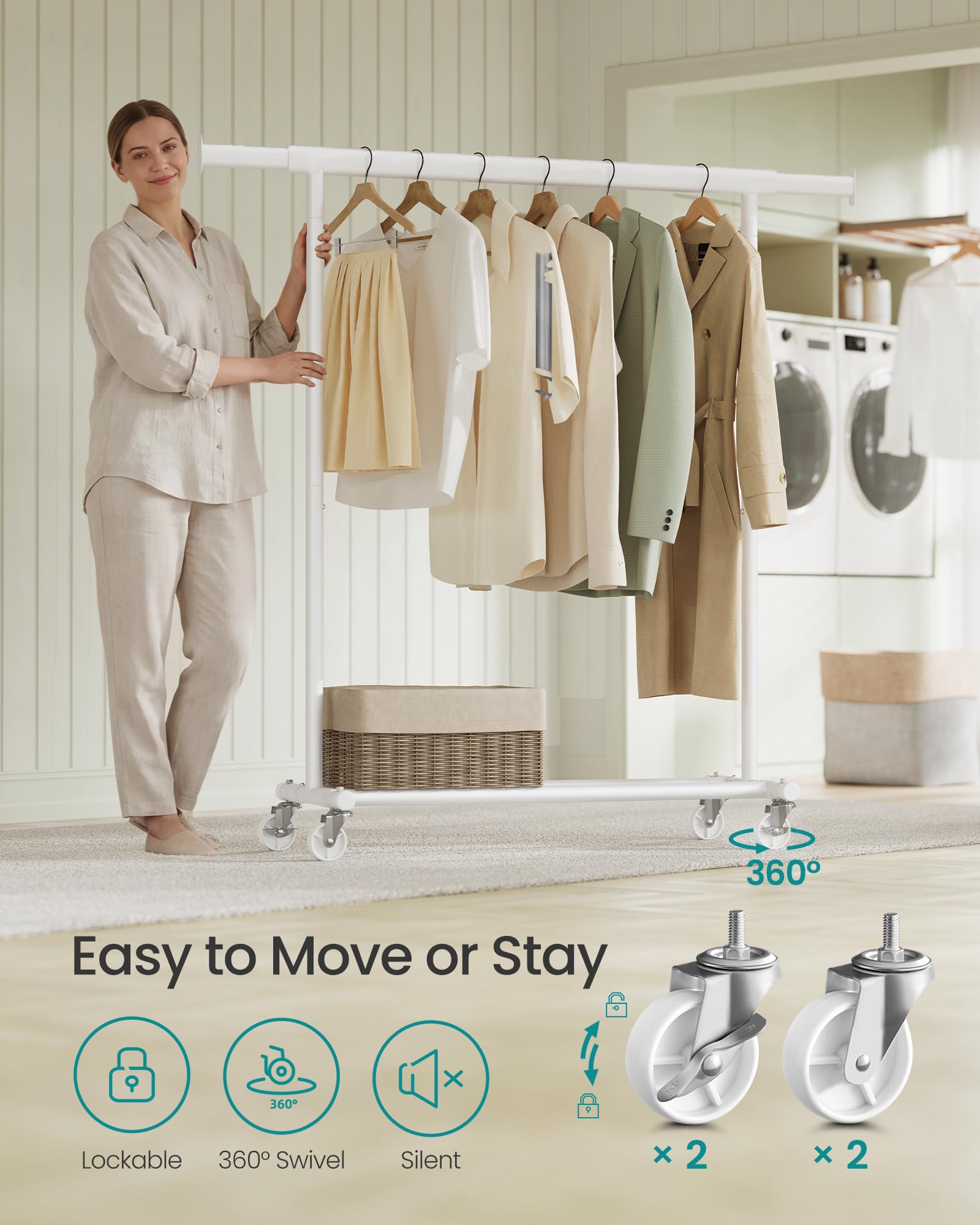 SONGMICS Heavy Duty Clothes Rack on Wheels - 100 kg Load Capacity | Extendable Rail (92-132 cm W) | White 5
