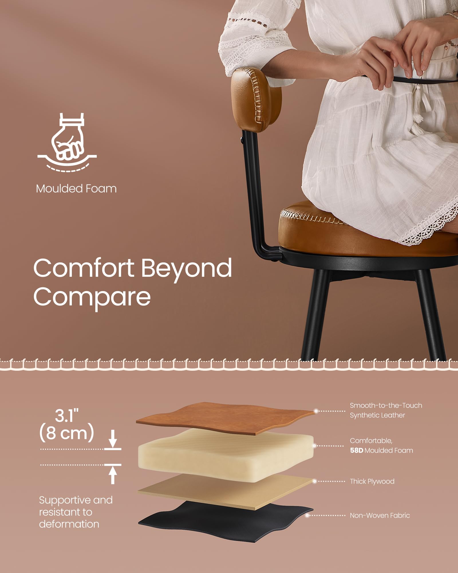 VASAGLE EKHO Collection Bar Stools - Set of 2 Swivel Counter Chairs | Caramel Brown | 54x54x91 cm 7