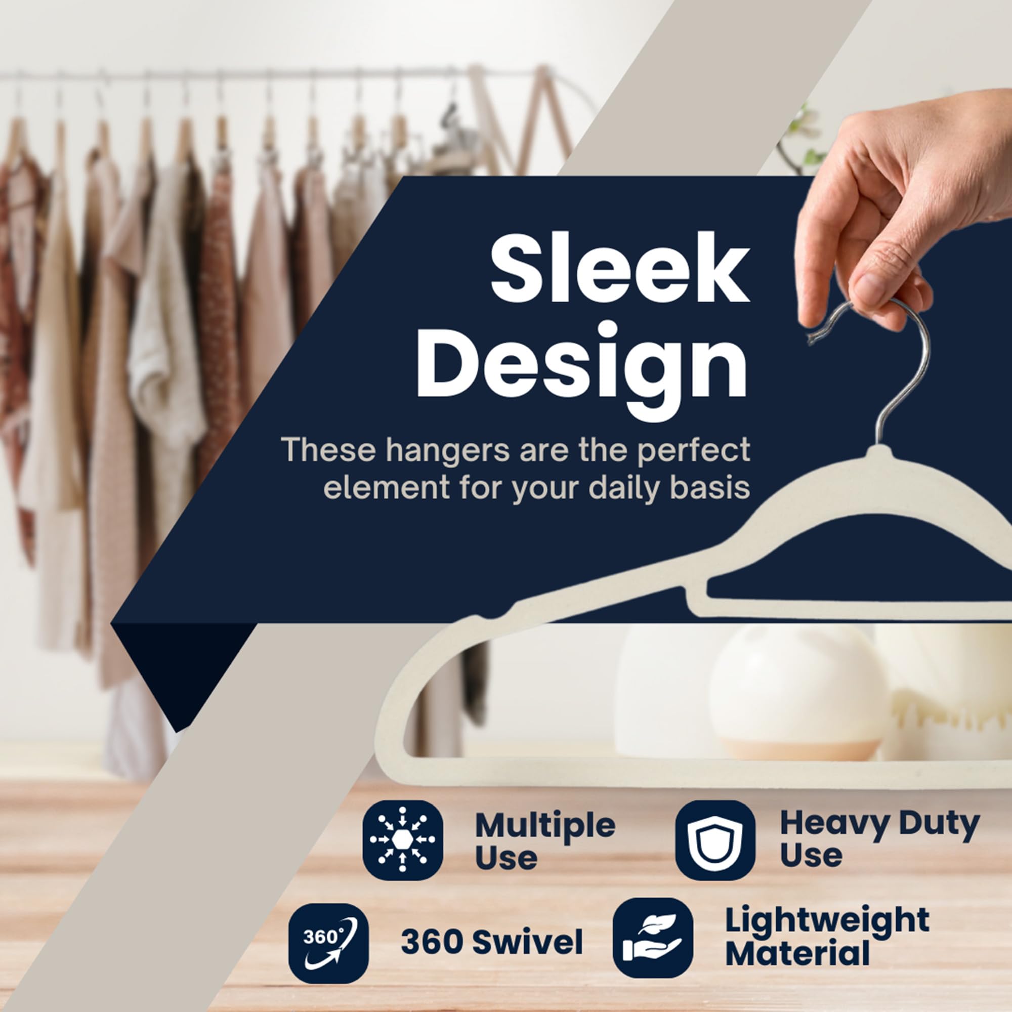 Sasha Morel Velvet Hangers - 50 Pack Non-Slip Space Saving with 360° Swivel Hooks | Cream 3