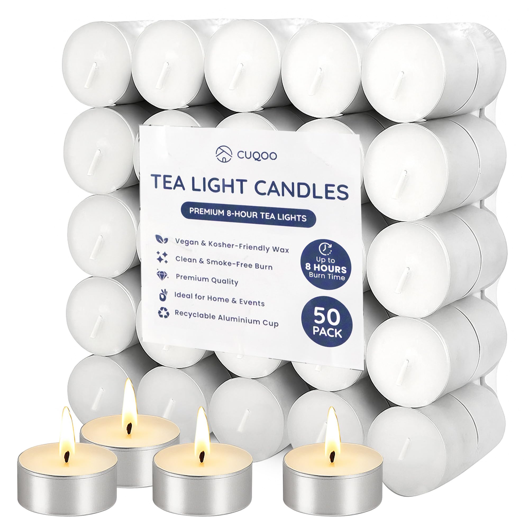 CUQOO Unscented Tealight Candles - 8 Hour Burn Time | 50 Pack | Plant-based Wax 1