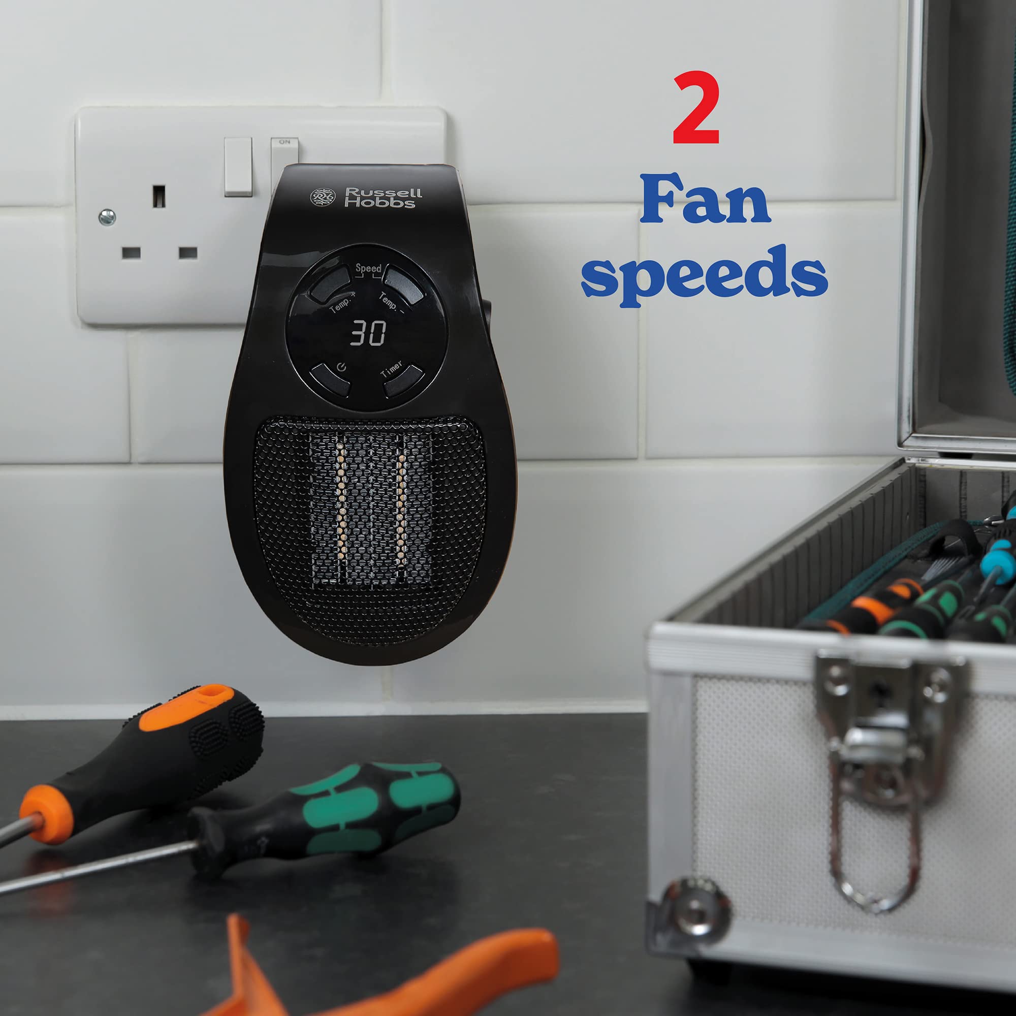 Russell Hobbs 500W Ceramic Plug Heater - Adjustable Thermostat | 15°C-30°C | 2 Fan Speeds 5
