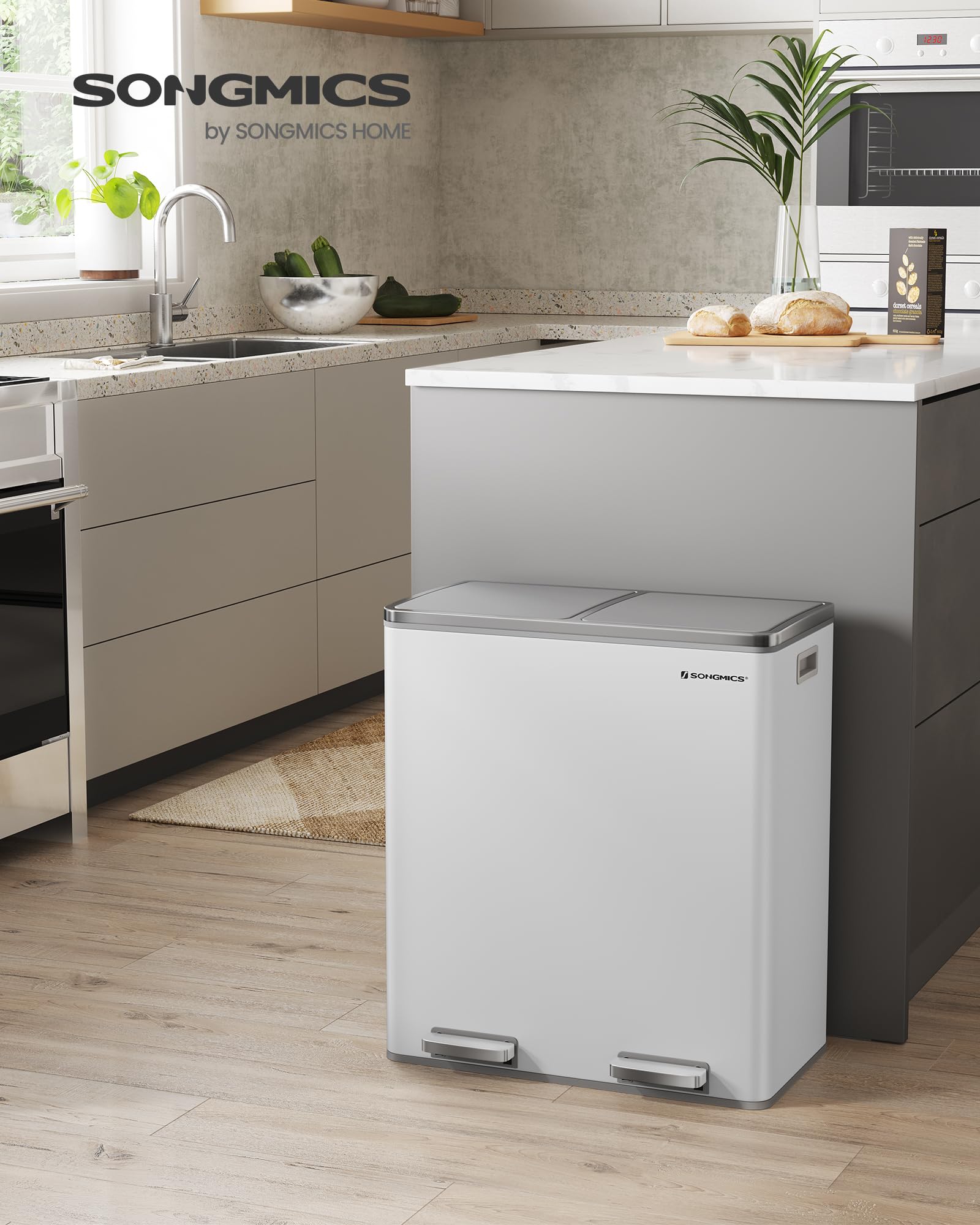 SONGMICS Dual Rubbish Bin - 2 Compartment Recycling Bin with Pedals | 2 x 30 L | White and Grey 2