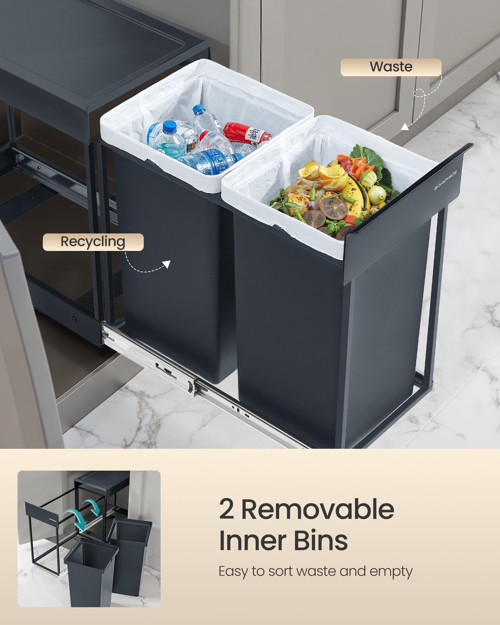 SONGMICS Pull-Out Kitchen Bin - Dual 15L Capacity | Built-in Cabinet Mount | Grey 5