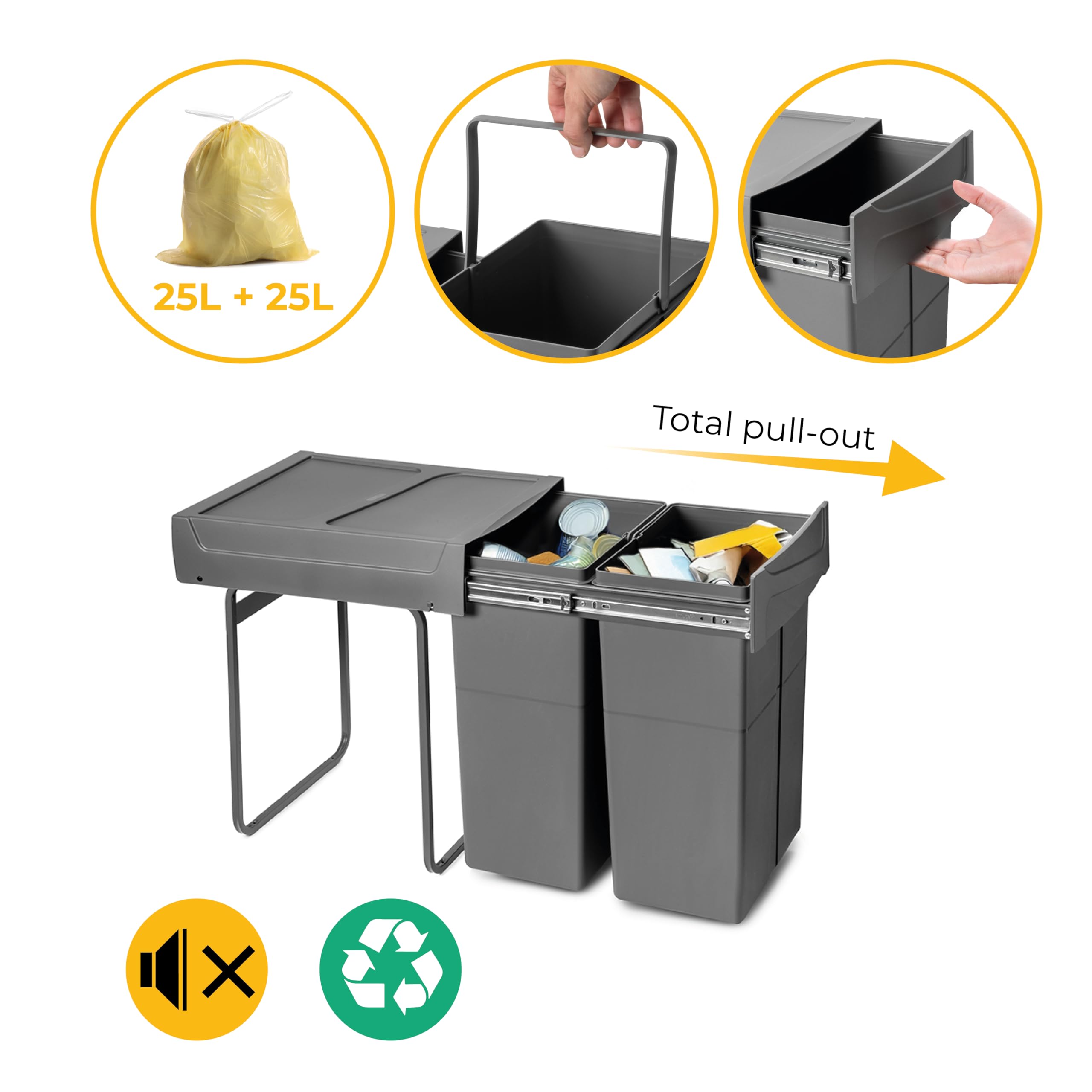 Emuca Kitchen Recycling Bin - Bottom Fixing, Manual Pull-Out | 2x25L Capacity | Anthracite Grey 8