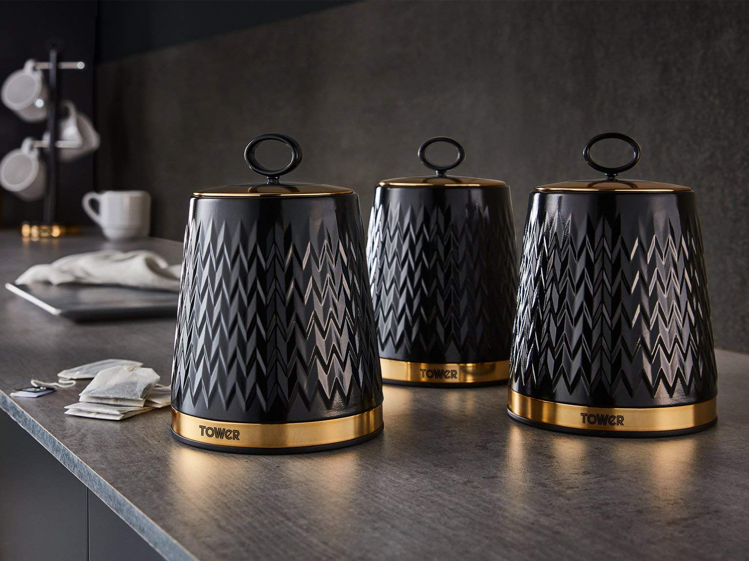 Tower Empire Set of 3 Storage Canisters for Tea Coffee Sugar | 1.3L Capacity | Black and Brass 8