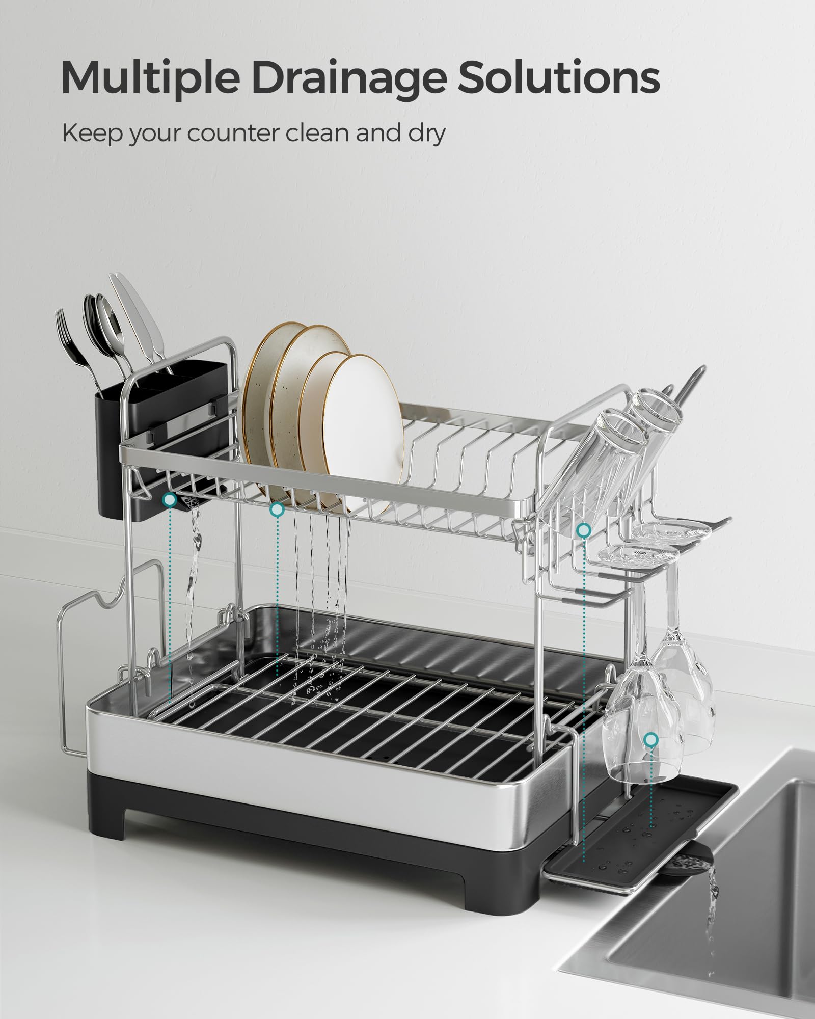 SONGMICS 2-Tier Stainless Steel Dish Drying Rack with Extendable Spout | Rustproof | 32.5 x 58 x 39.6 cm 6