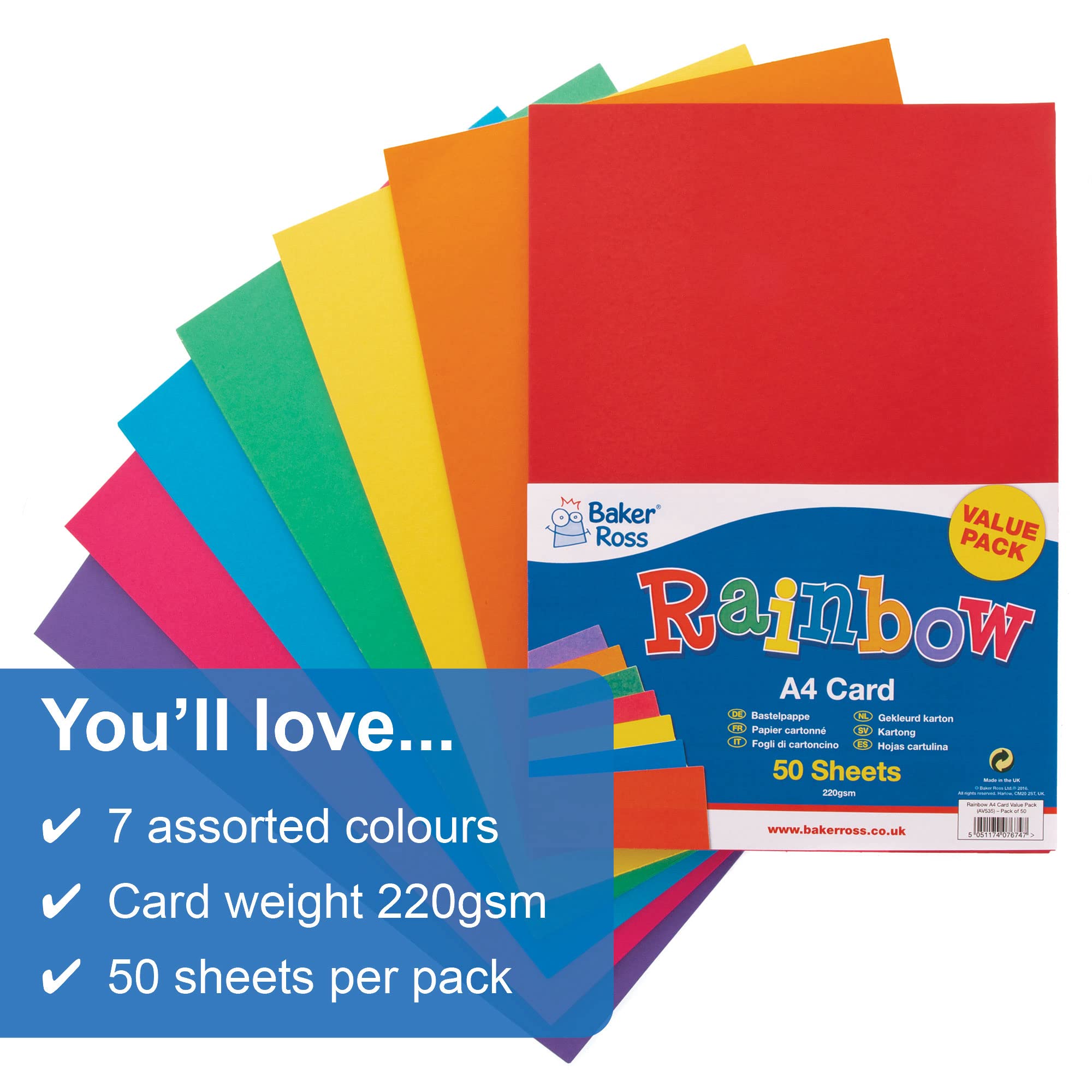 Baker Ross AV535 A4 Rainbow Coloured Card (220gsm) - Pack of 50 Sheets for Crafts 3