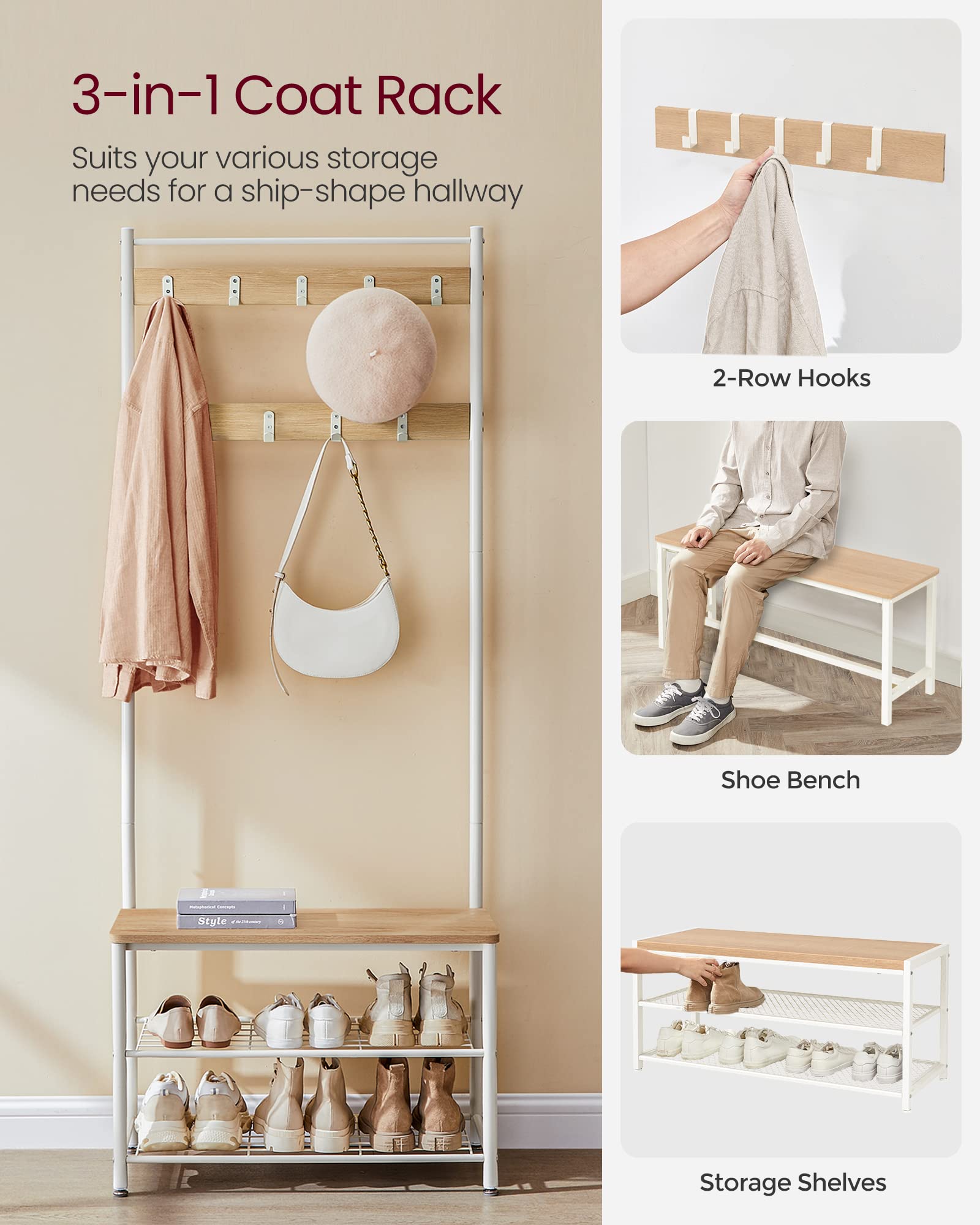 VASAGLE 3-in-1 Coat Rack with Shoe Bench and Shelf | Steel Frame | Colour Oak + Cream 3