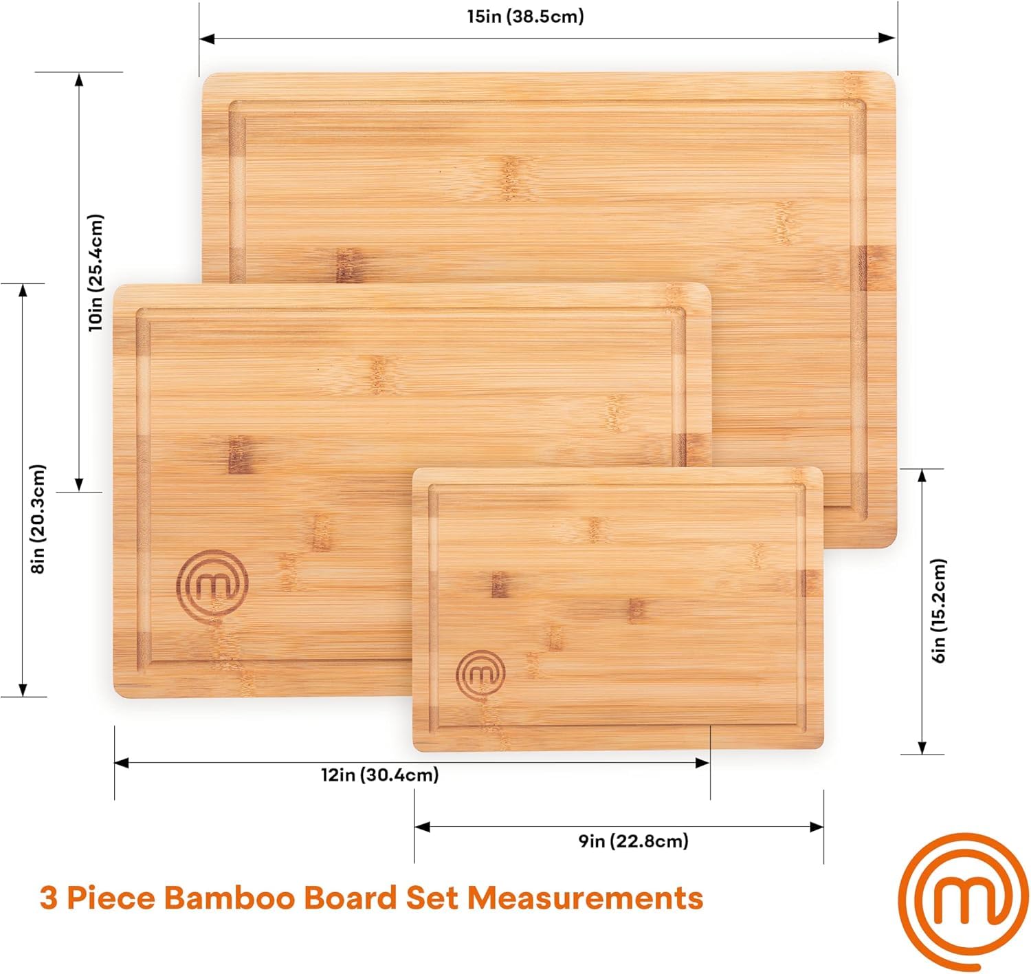 MasterChef Wooden Chopping Board Set of 3, Bamboo Cutting Boards | Includes Knife | 15in Max Size 6