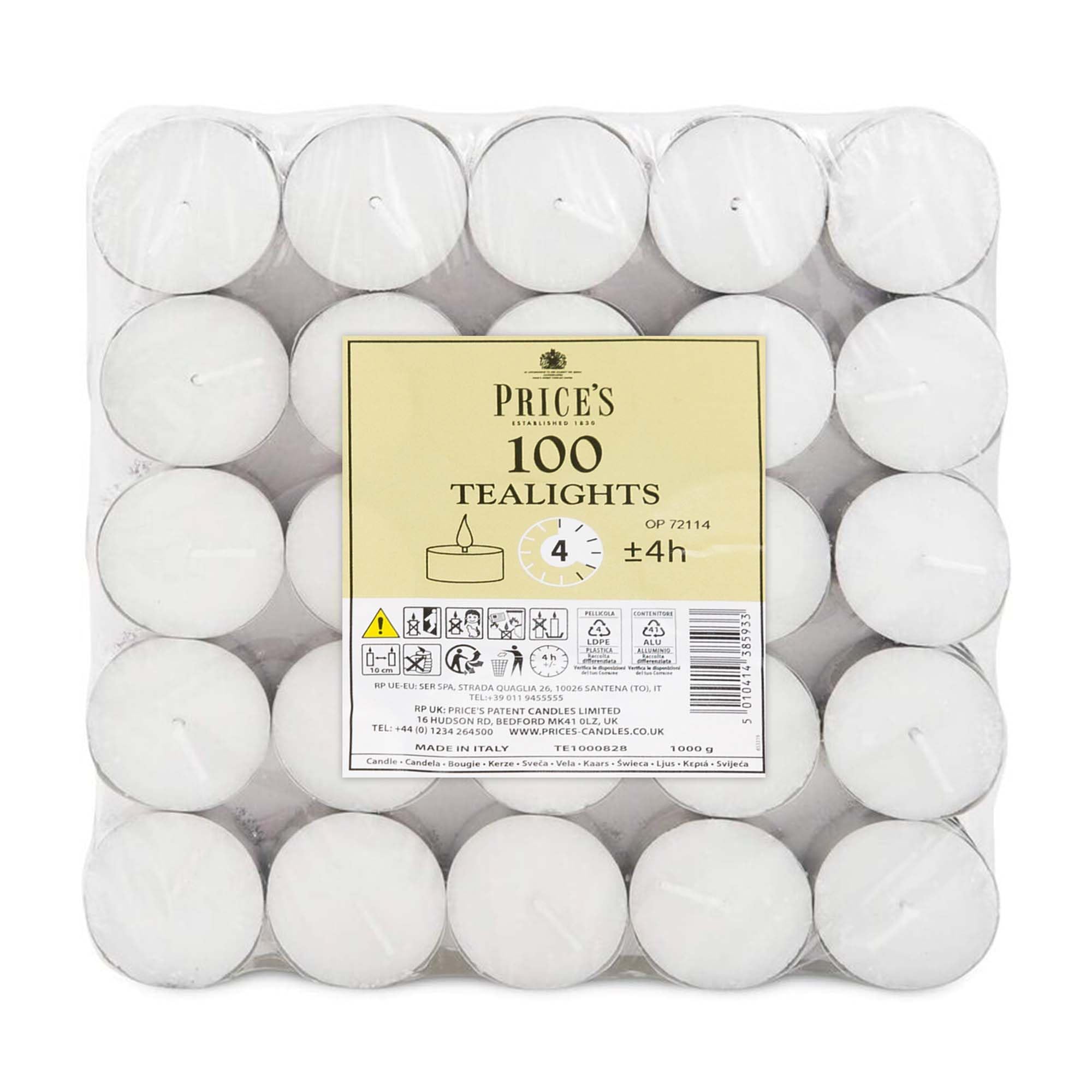 Price's Candles 100 Pack Tea Light Candles - 4 Hour Burn Time | Vegan & Kosher Friendly 1