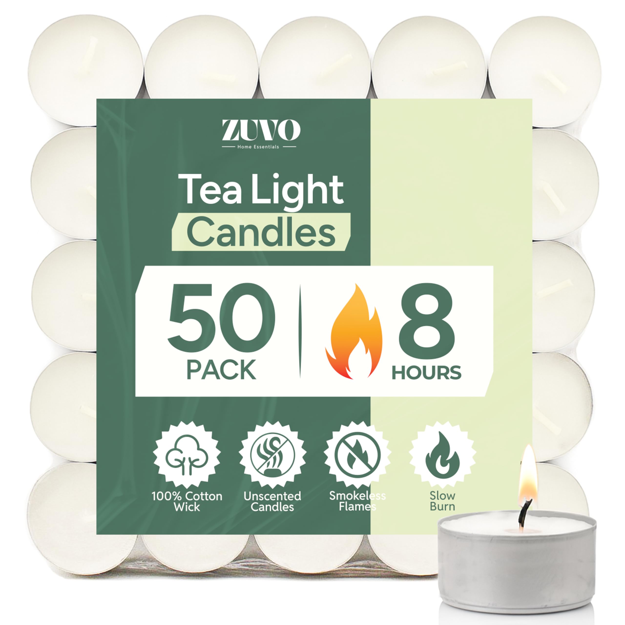 Zuvo Unscented Tea Light Candles - 8 Hour Burn Time | 50 Pack | Clean Burning Cotton Wicks