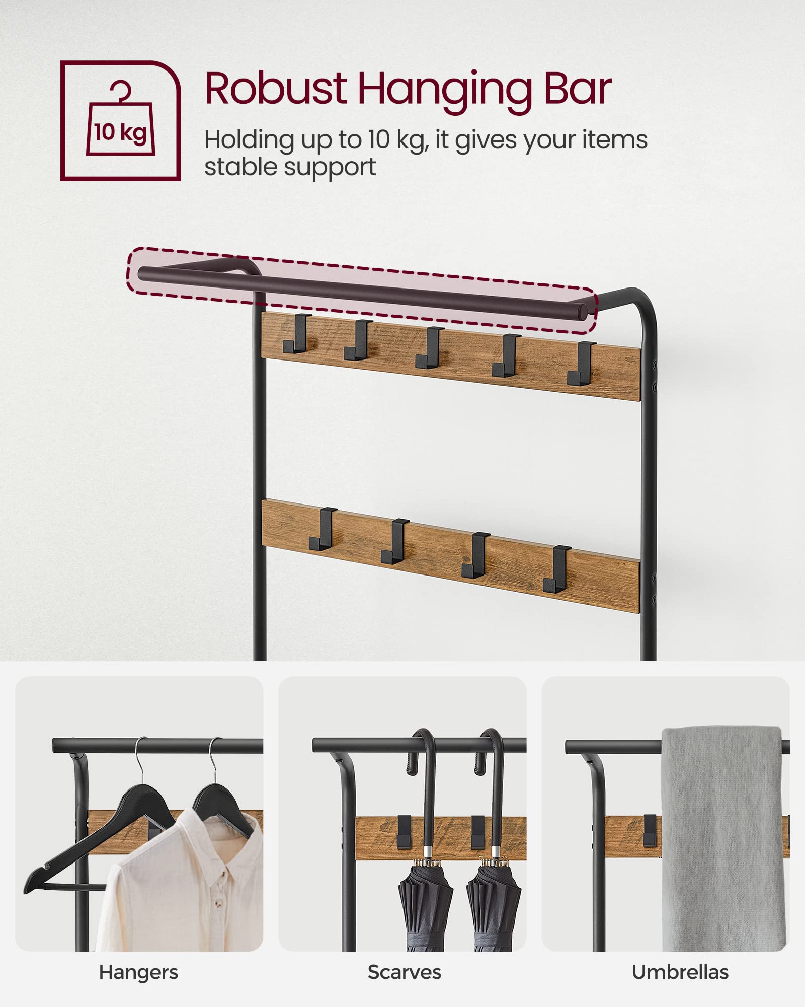 VASAGLE Coat Rack Stand with Shoe Storage Bench | 4-in-1 Design | 9 Removable Hooks | Rustic Walnut & Black 4