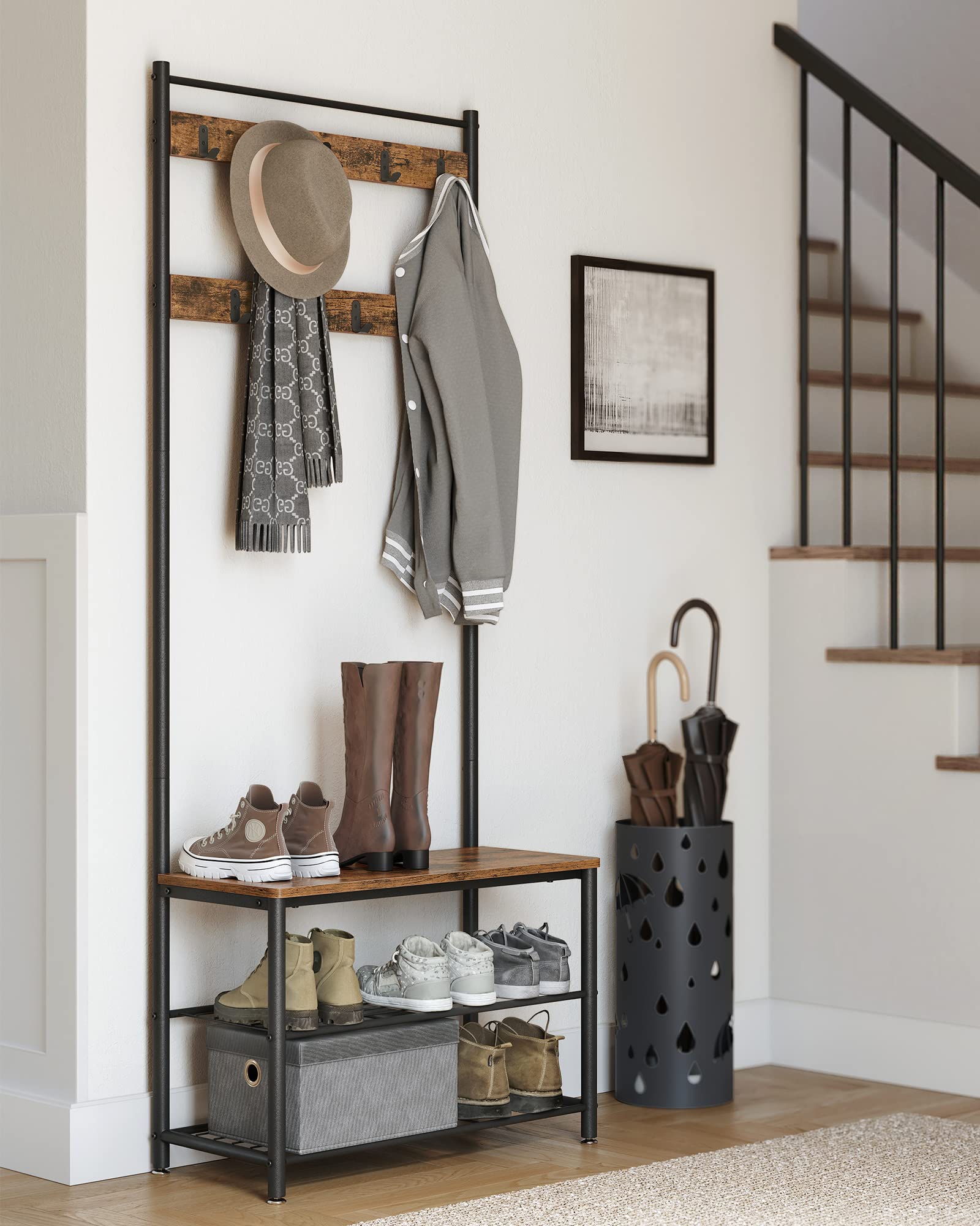 VASAGLE Hallway Coat Rack with Bench and Shoe Storage | 9 Hooks | Rustic Brown + Black 9