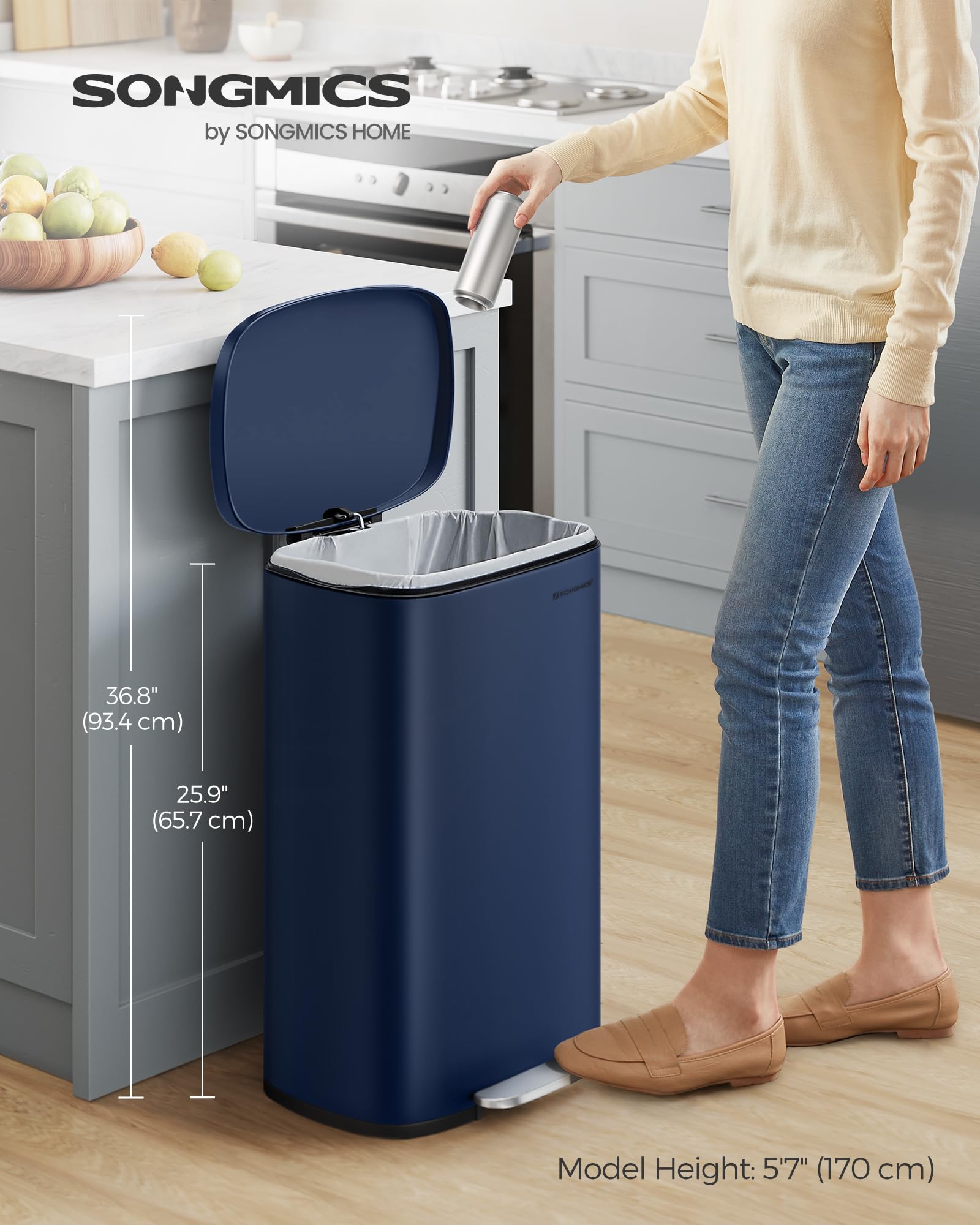 SONGMICS 50L Kitchen Bin - Soft Close Pedal, Steel Construction, Inner Bucket | Blue 2