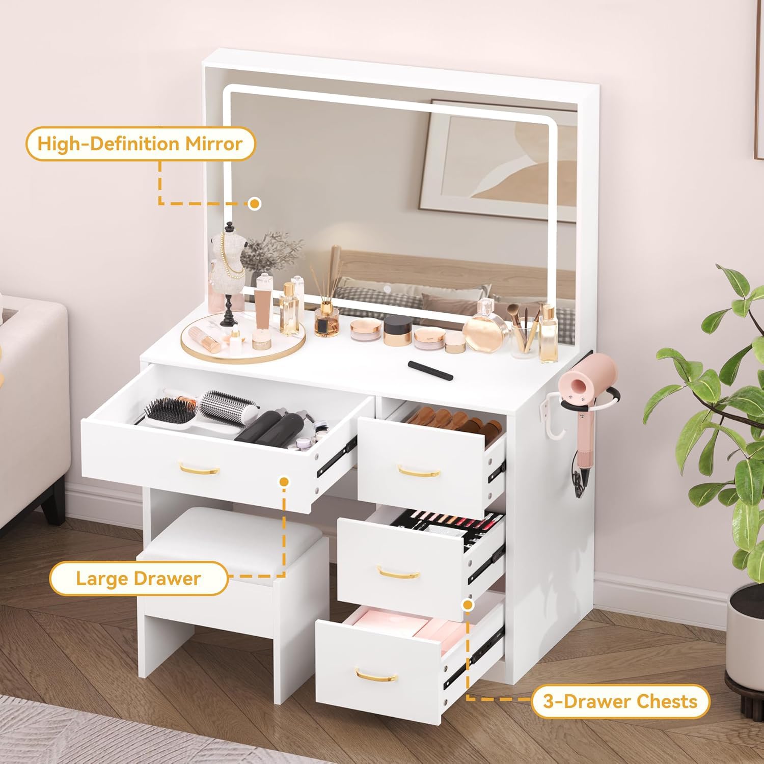 DWVO Vanity Table and Stool Set with LED Mirror | 90cm Wide | Integrated Charging Hub 6