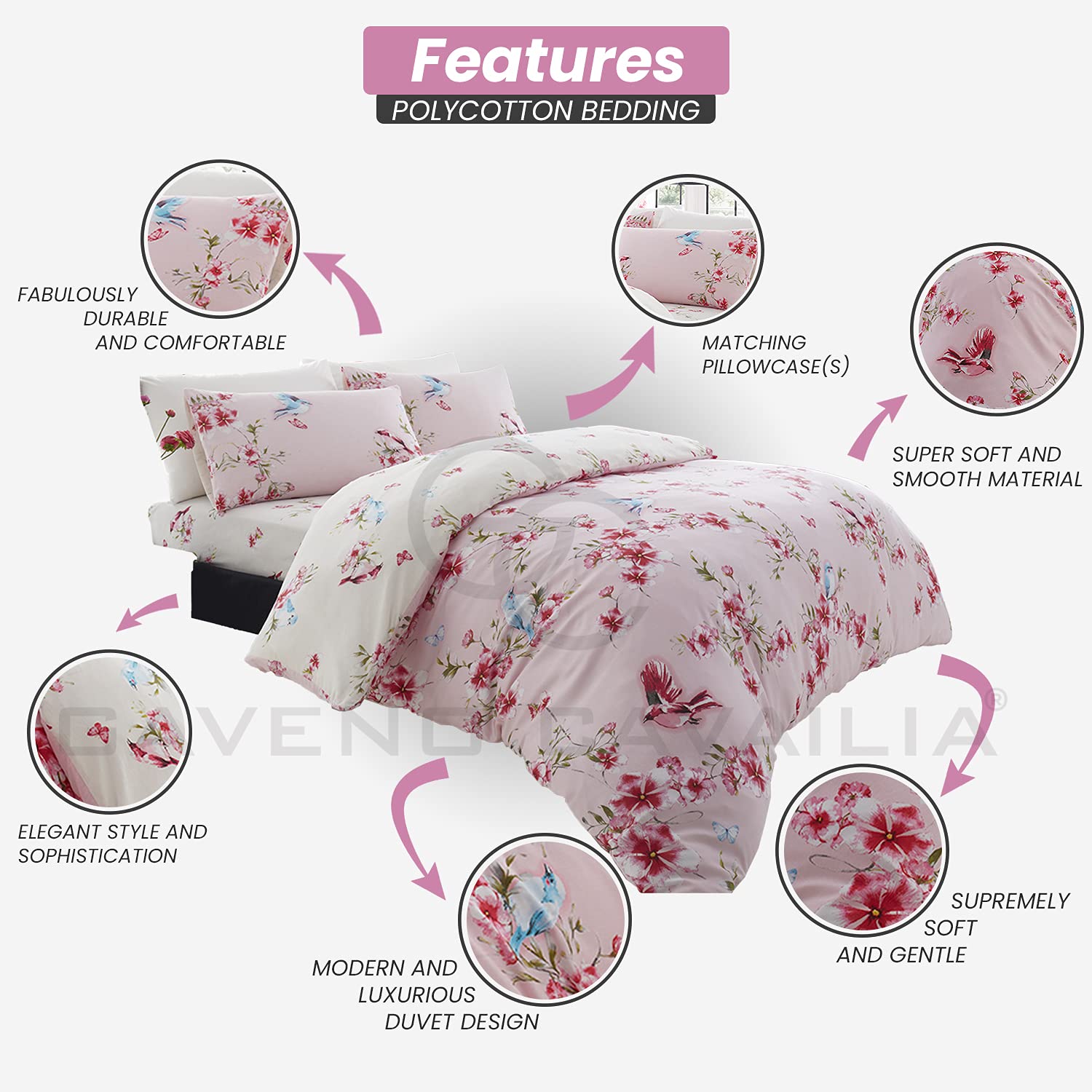 GC GAVENO CAVAILIA Single Duvet Cover Set - Pink Floral Reversible Polyester-Cotton 2 Piece 3