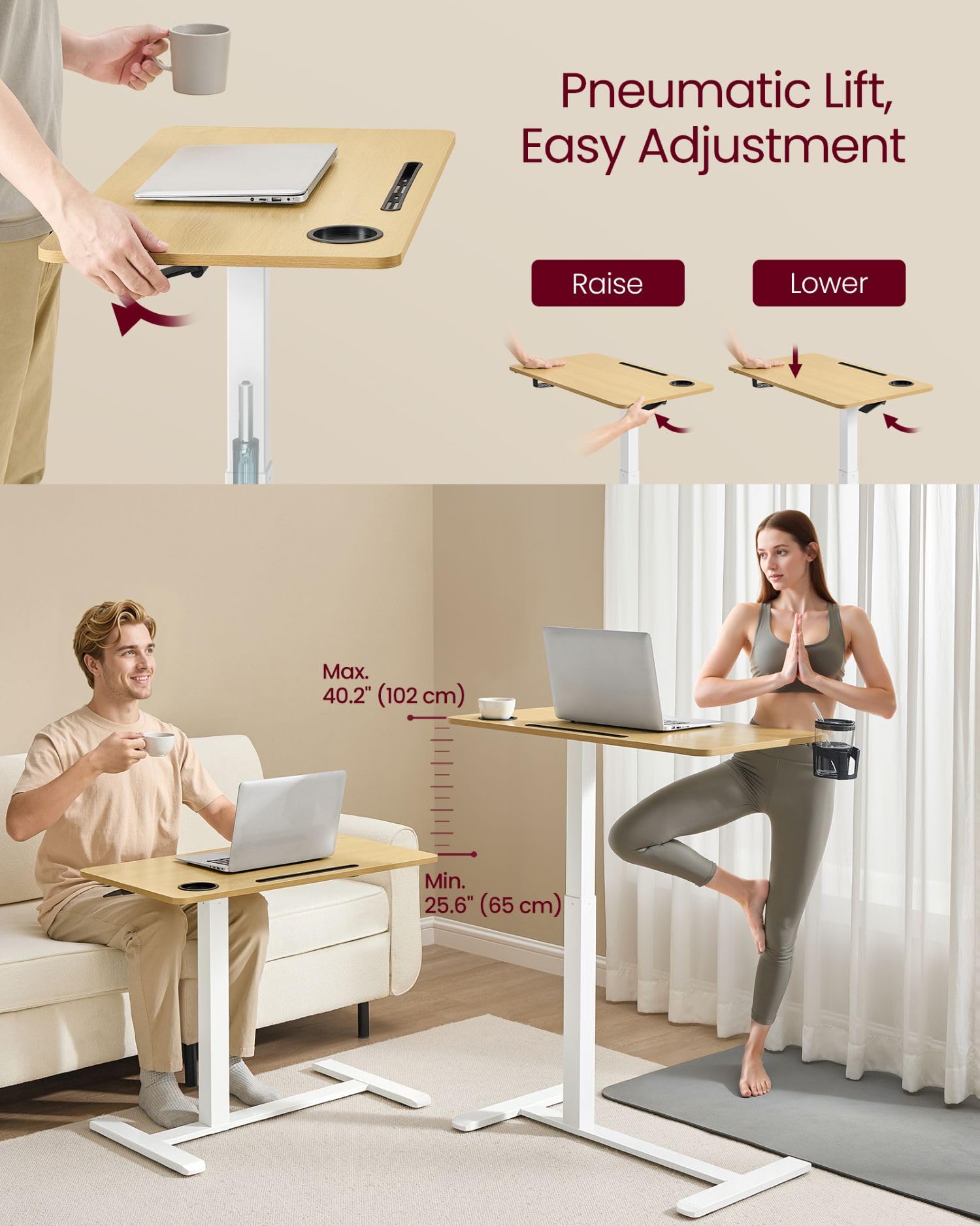 VASAGLE Adjustable Height Overbed Table with Wheels | 80 x 45 cm Top | Golden Oak 4