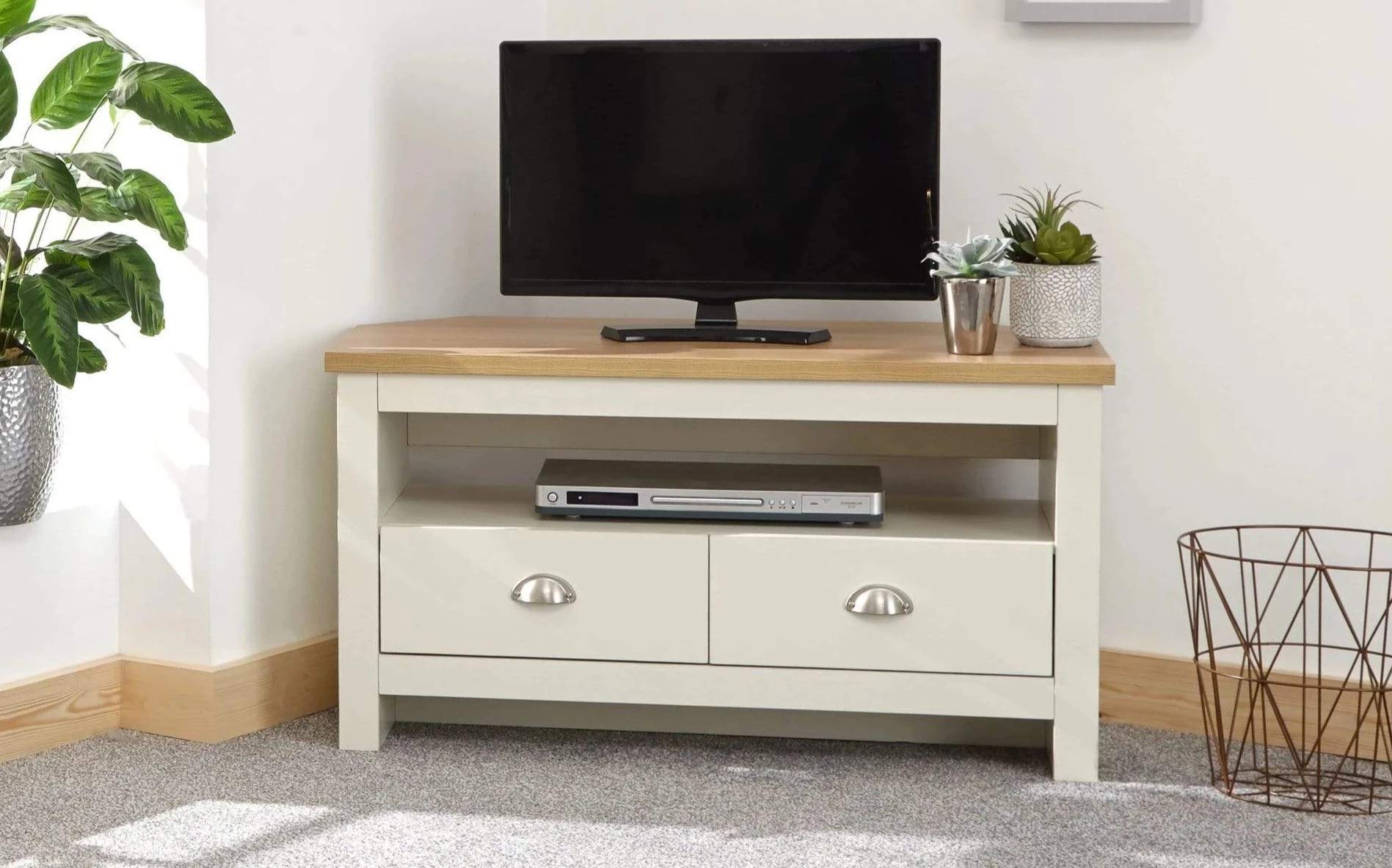 GFW Lancaster Wood Corner TV Cabinet with Shelf & Drawers | Cream Finish | H 51cm x W 95cm