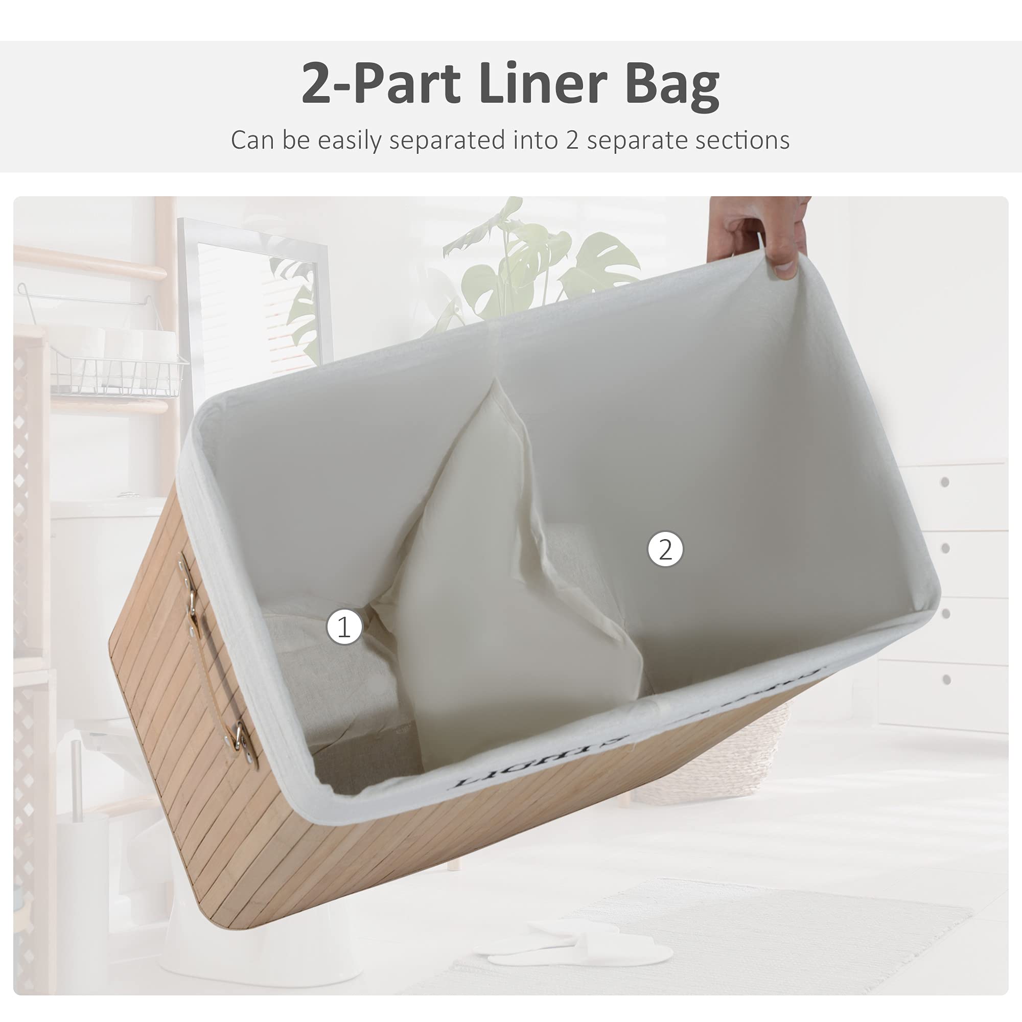 HOMCOM 100L Collapsible Natural Wood Laundry Hamper Organizer with Washable Liner | 52L x 32W x 63H cm 5