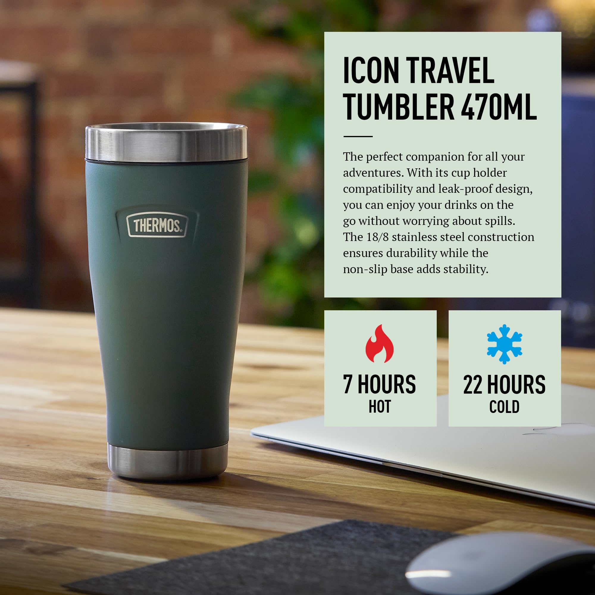 Thermos Icon Rock Cap Green Travel Tumbler - 470ml Insulated Stainless Steel | 7 Hrs Hot / 22 Hrs Cold 3