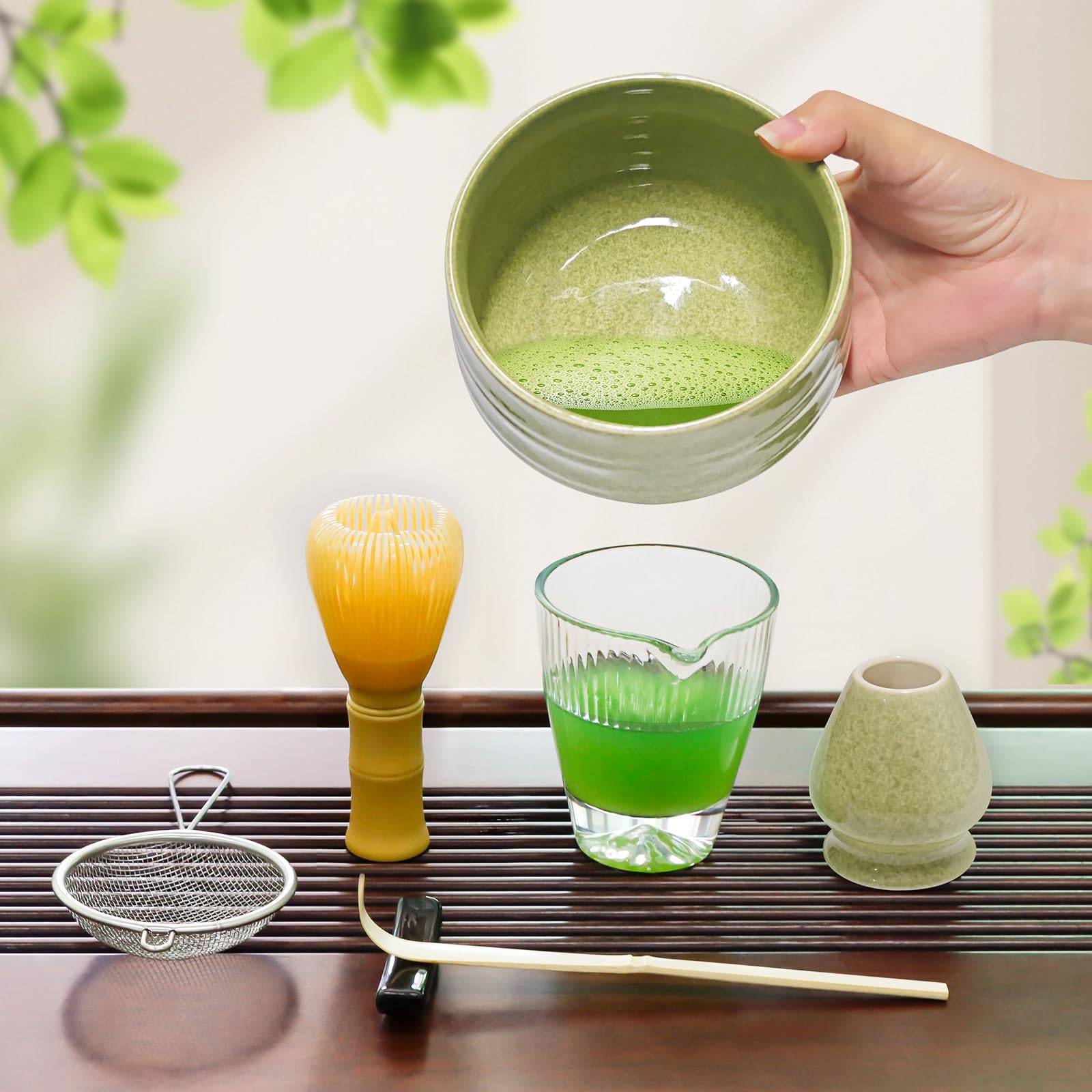 Lafefe 7-Piece Matcha Set - Includes Yellow Resin Whisk, Grey Bowl, Chashaku, and Strainer 4
