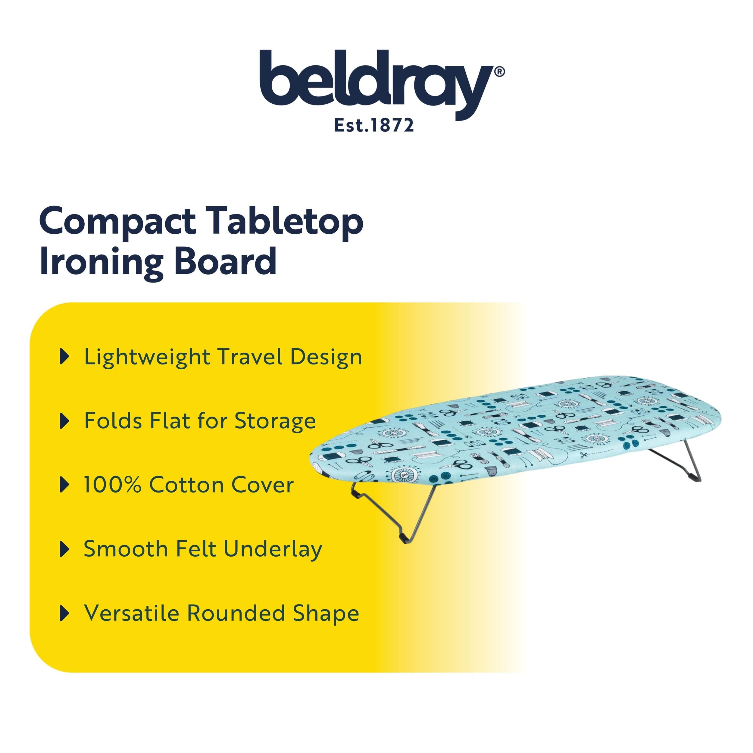 Beldray Tabletop Ironing Board - 73x31cm, Sewing Print, 100% Cotton Cover, Foldable Legs