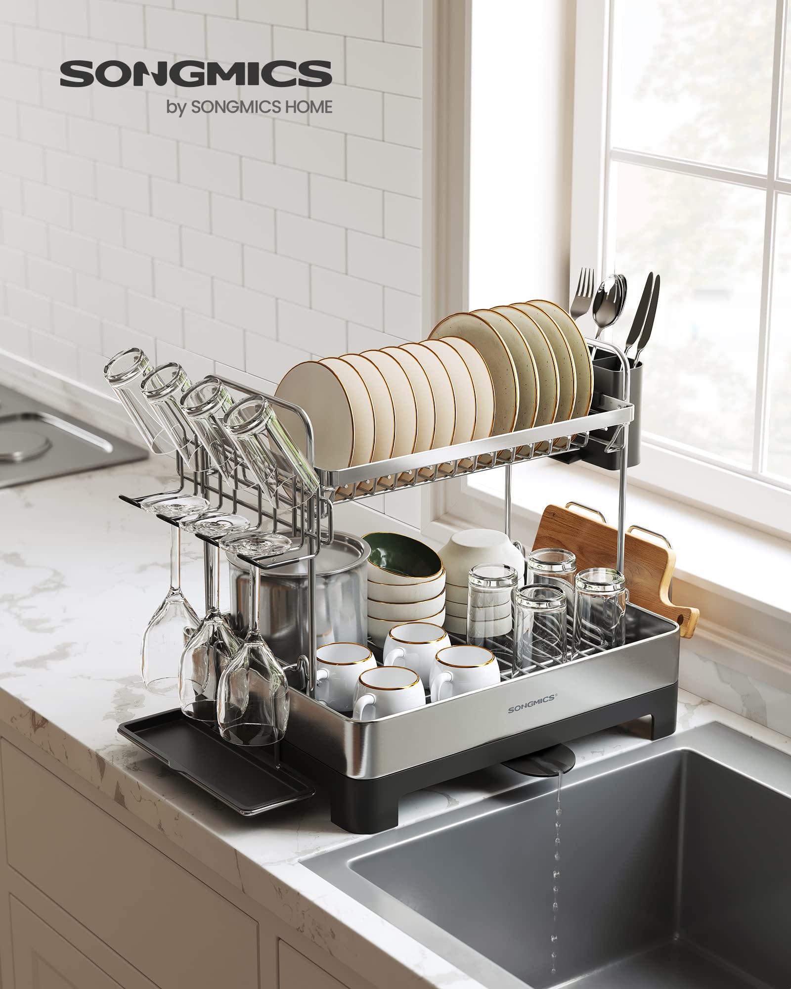 SONGMICS 2-Tier Stainless Steel Dish Drying Rack with Extendable Spout | Rustproof | 32.5 x 58 x 39.6 cm
