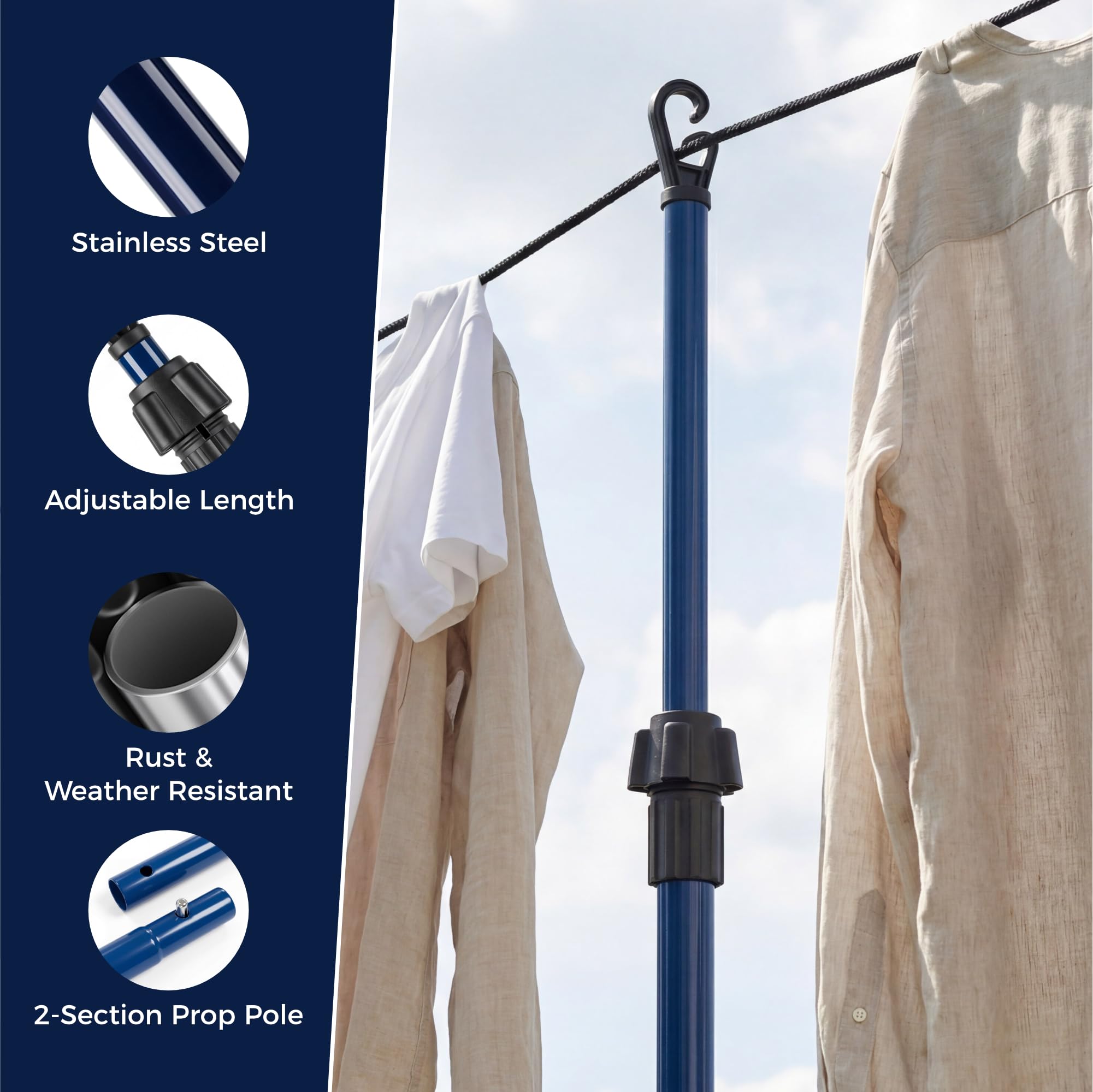 Vivo Technologies Telescopic Washing Line Prop Pole - 2.4M Extension | Heavy Duty Steel | Blue (2 Pack) 3