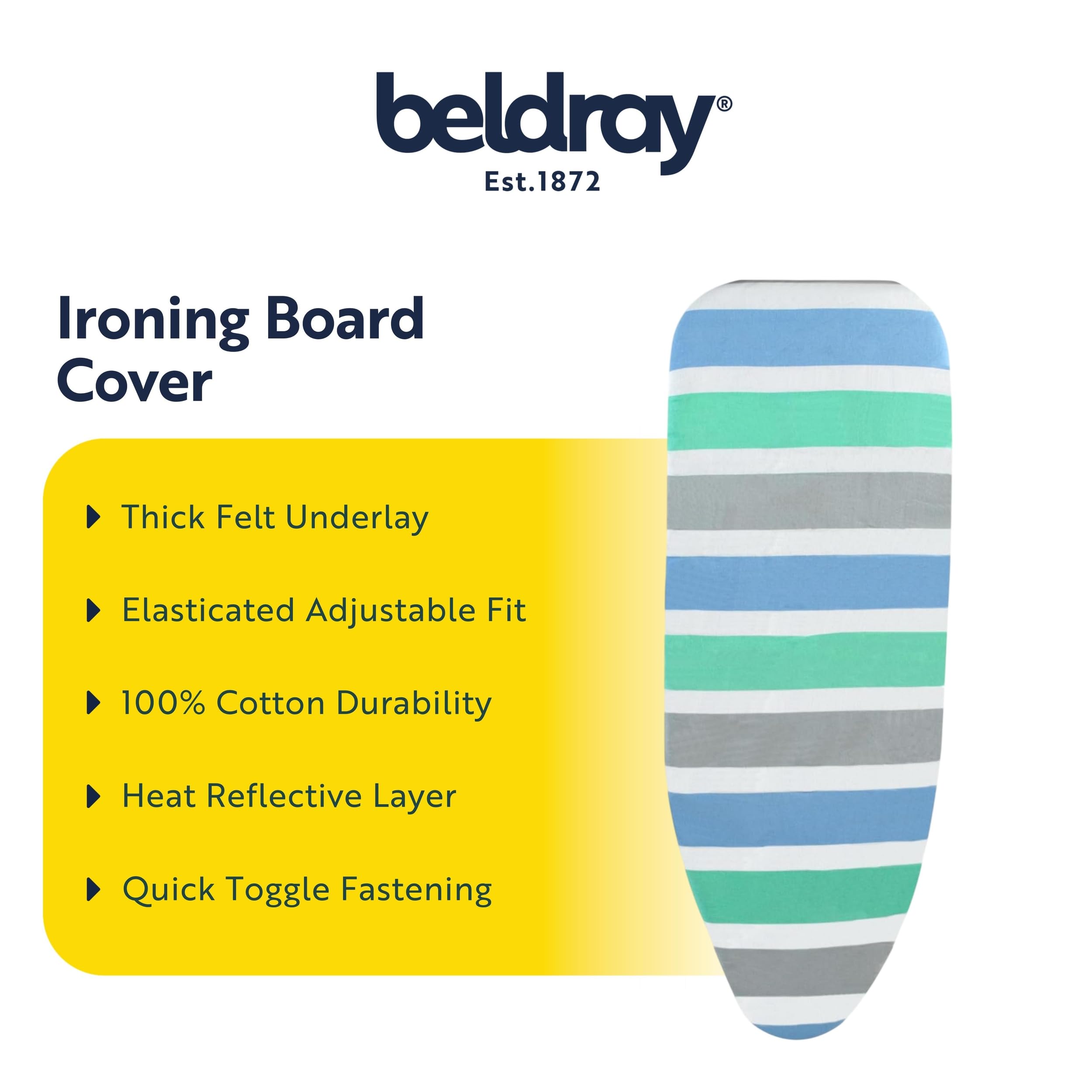 Beldray Striped Cotton Ironing Board Cover - Heat Reflective Layer | Fits 110-126cm Boards