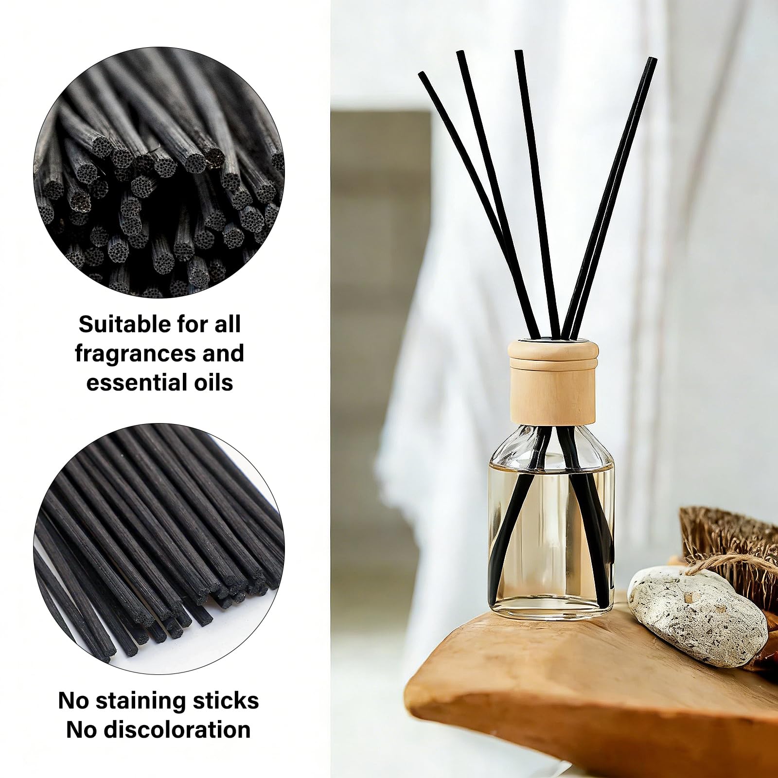 Admygo 100pcs Reed Diffuser Sticks - 7.8 Inch Natural Rattan & Black Mix | Thick Design for Essential Oils 3