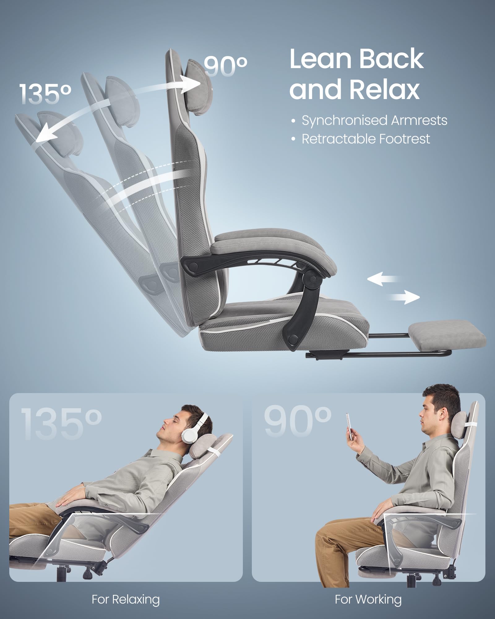SONGMICS Ergonomic Video Game Chair with Footrest | Dove Grey | Max Load 150 kg 7