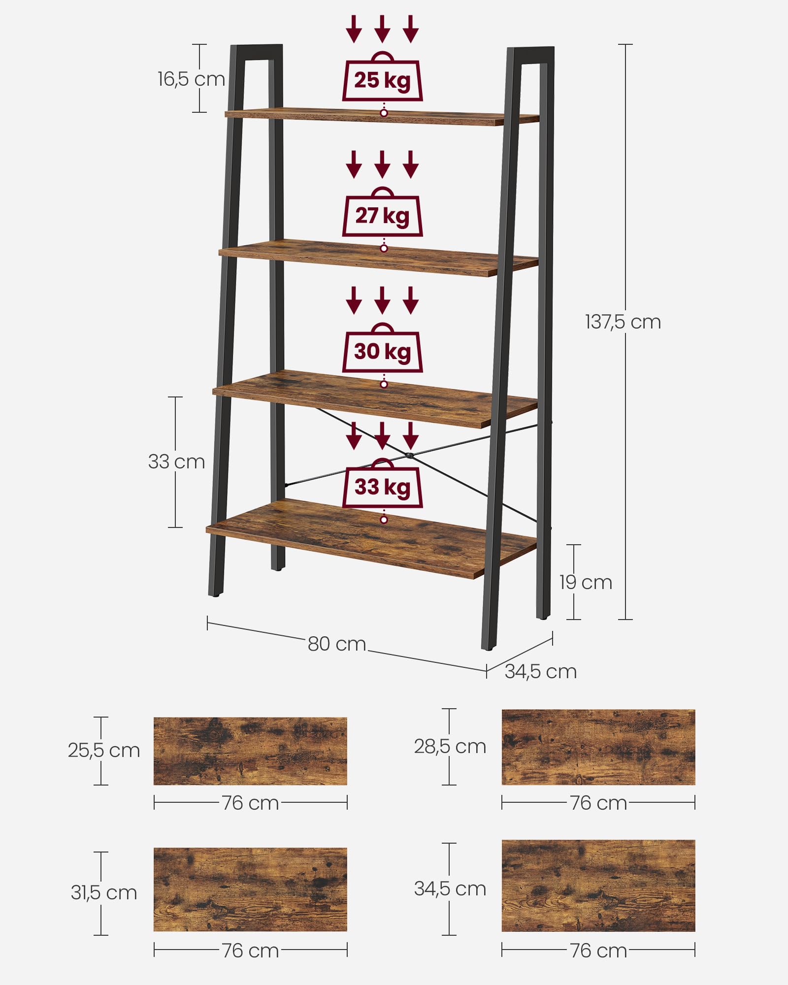 VASAGLE 4-Tier Ladder Shelf Bookcase - Industrial Style, Steel Frame, Rustic Brown & Black | 80 cm Wide 3