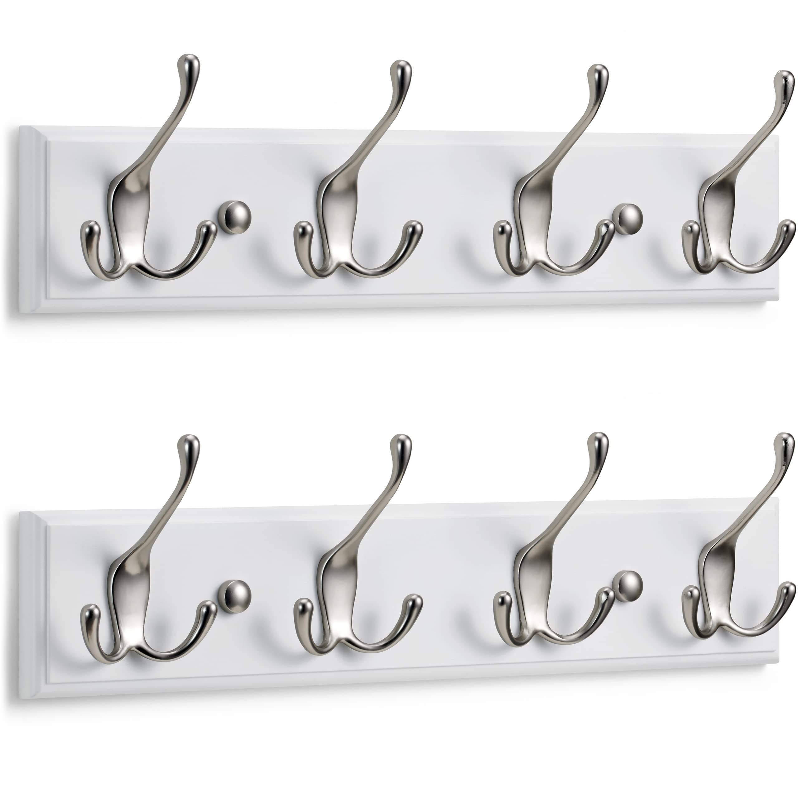 LARHN Wall-Mounted Coat Rack - 4 Matt-Nickel Triple Hooks (2-Pack) | Wood & Metal