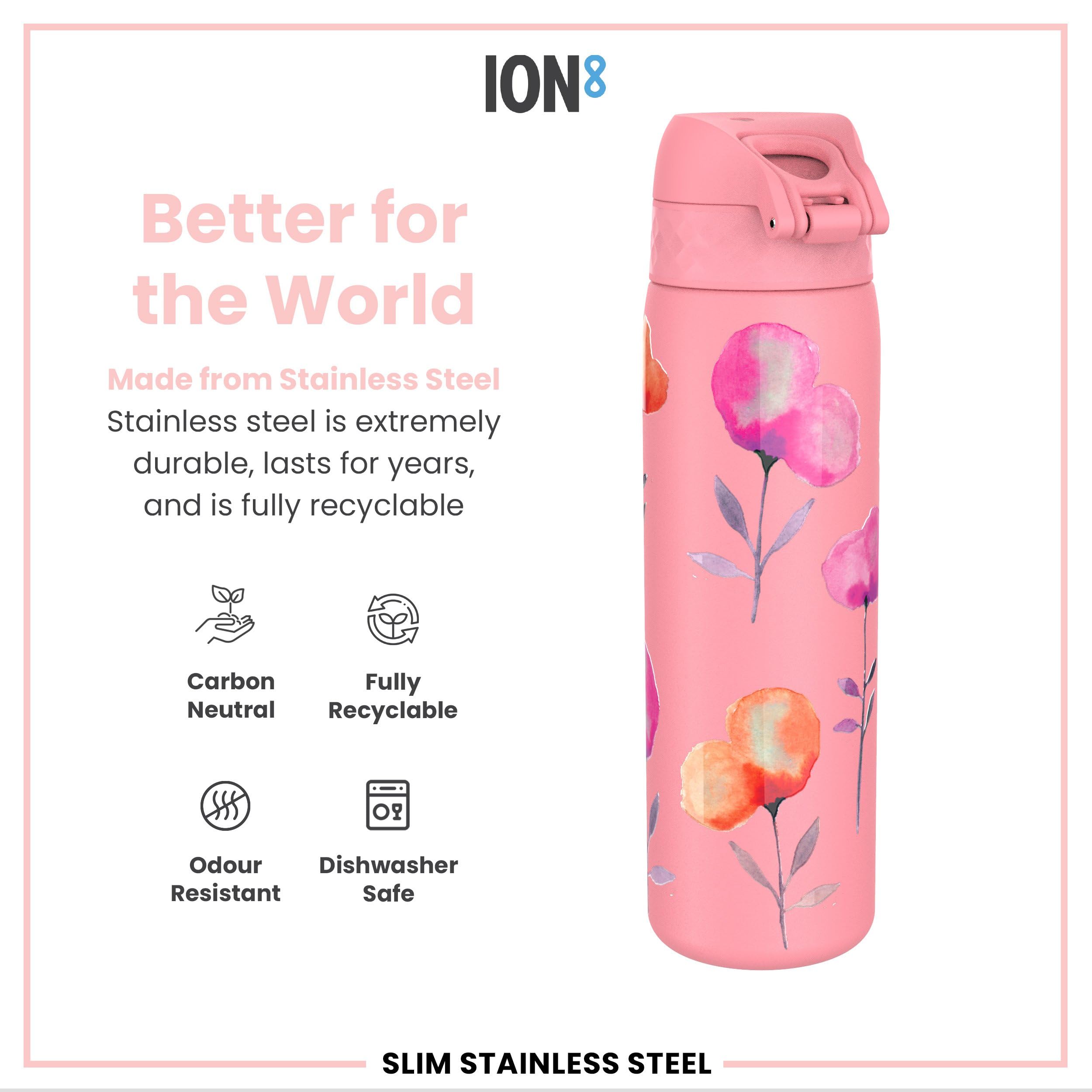 Ion8 Steel Water Bottle - 600 ml | Leak Proof | Flip Top | Flowers 7