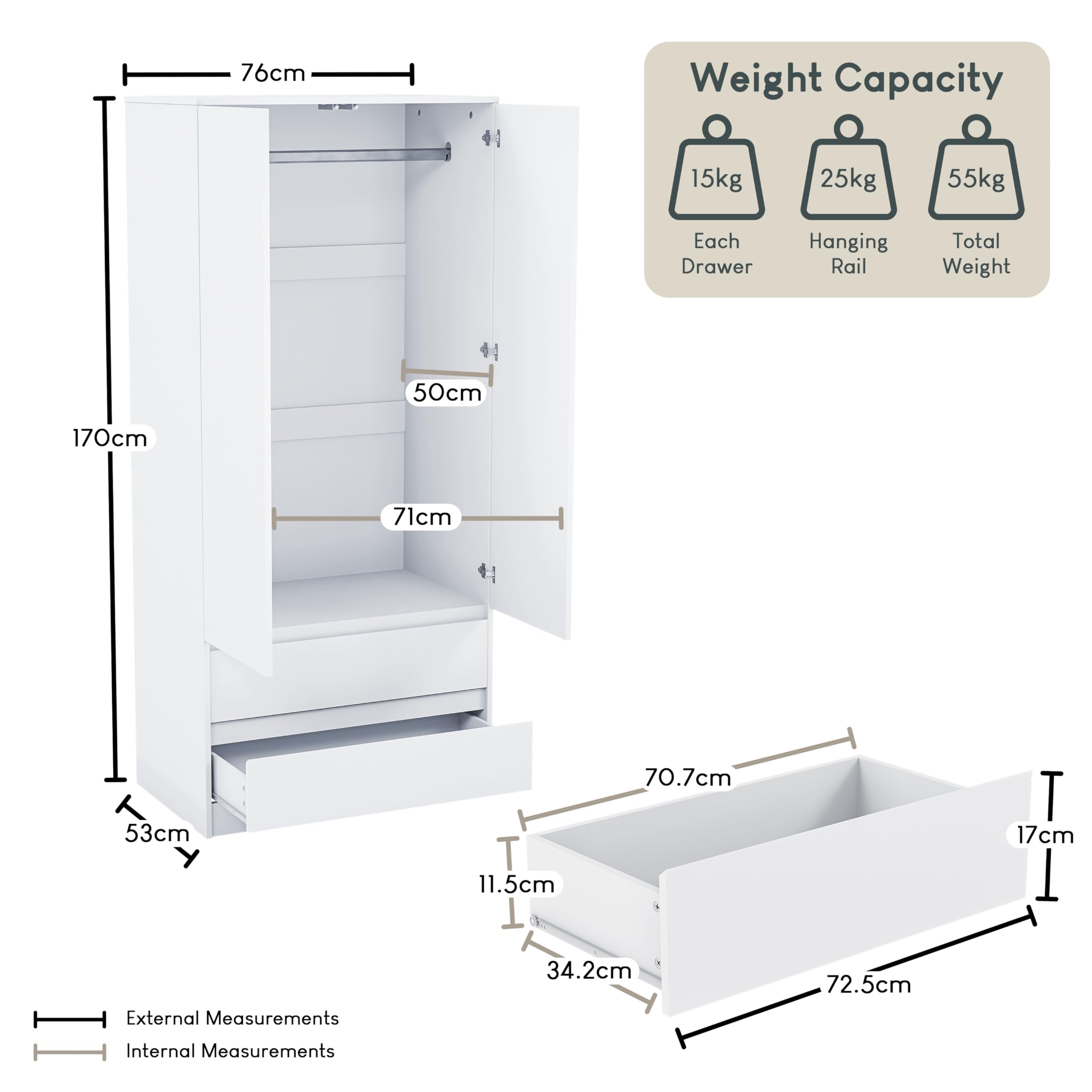Vida Designs Denver 2 Door Wardrobe with 2 Drawers | H170 x W76 x D47 cm | White 2