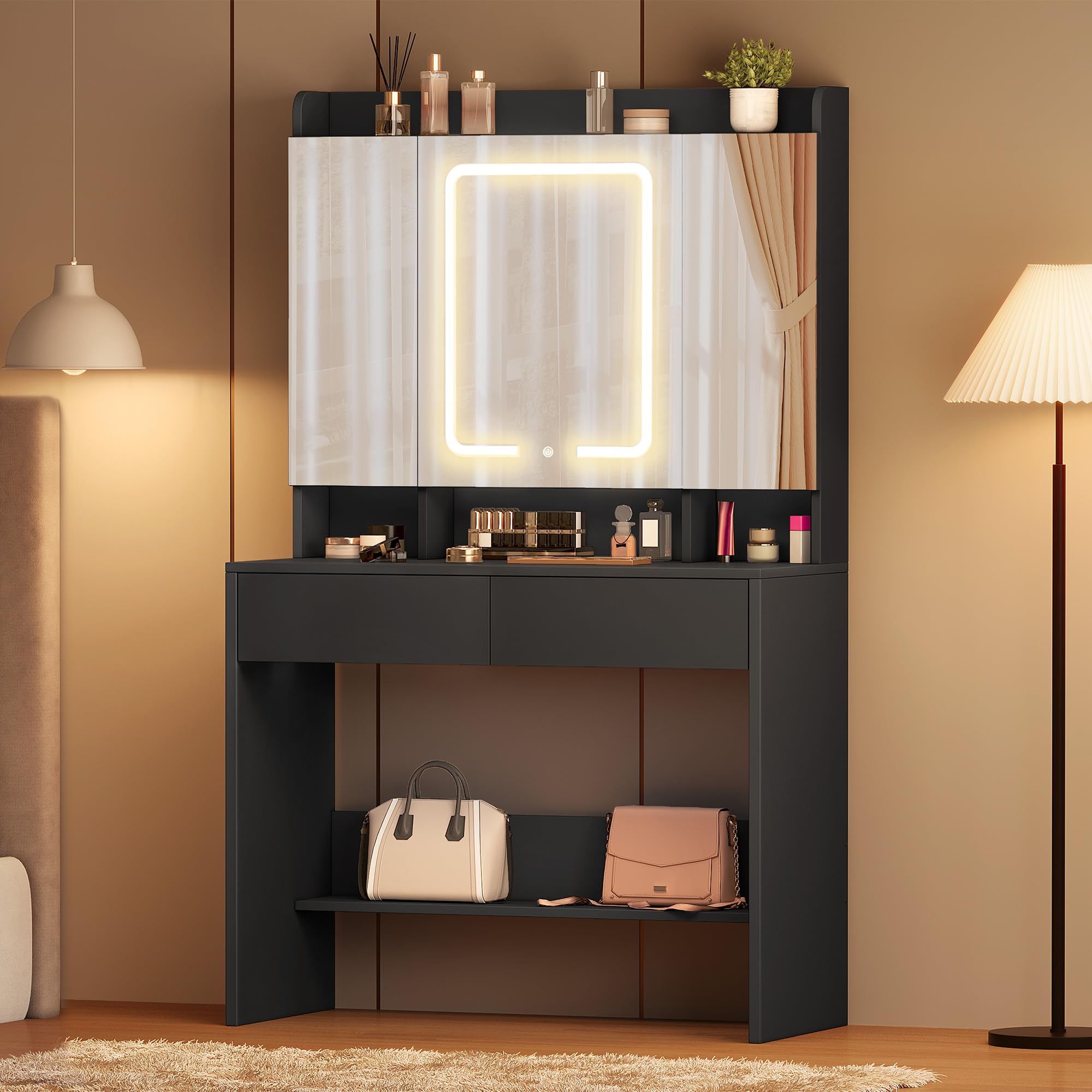 YITAHOME Dressing Table with 3 Mirrors & LED Lights | Black Finish | 90 x 145 x 40 cm 3