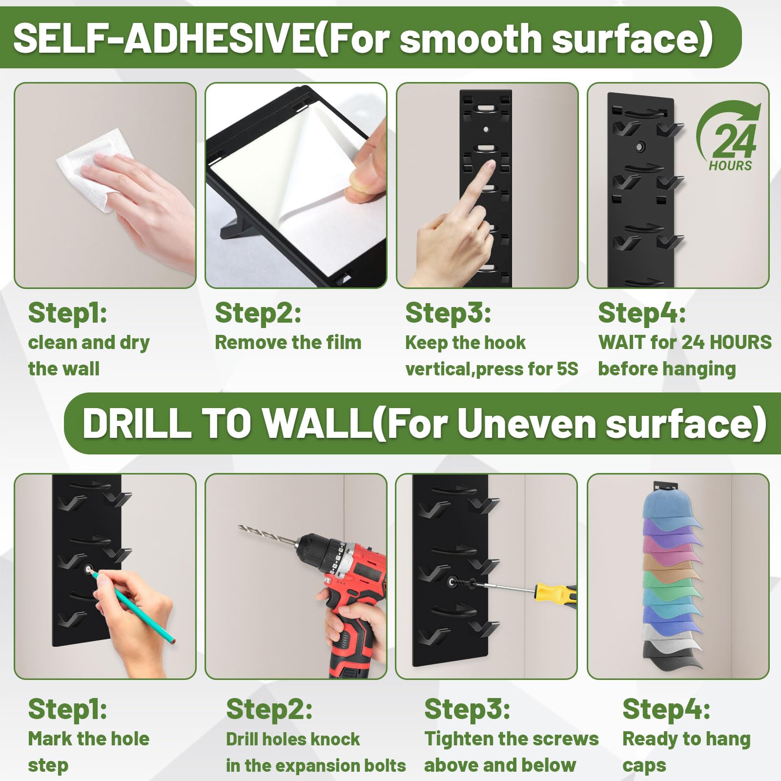 MOXYOY 2 Pack Hat Organizer for Baseball Caps - Wall Mounted, Space Saving, Black Plastic 6