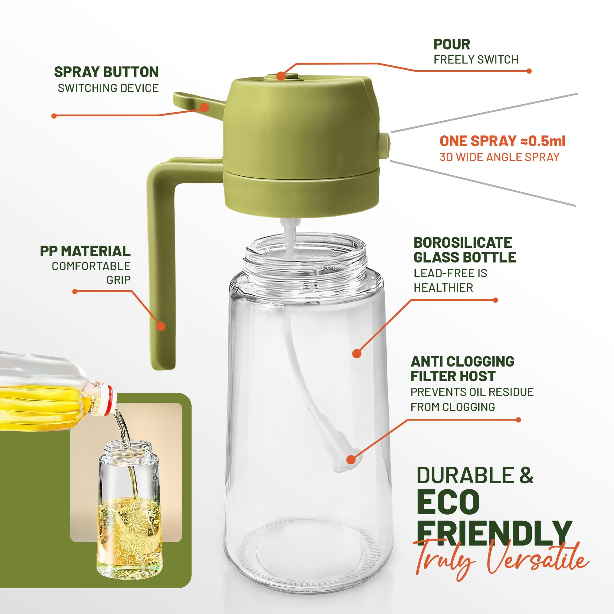 PORTENTUM 17oz Oil Spray Bottle - 2 in 1 Olive Oil Dispenser for Cooking, Grilling, Frying | Green Glass 4