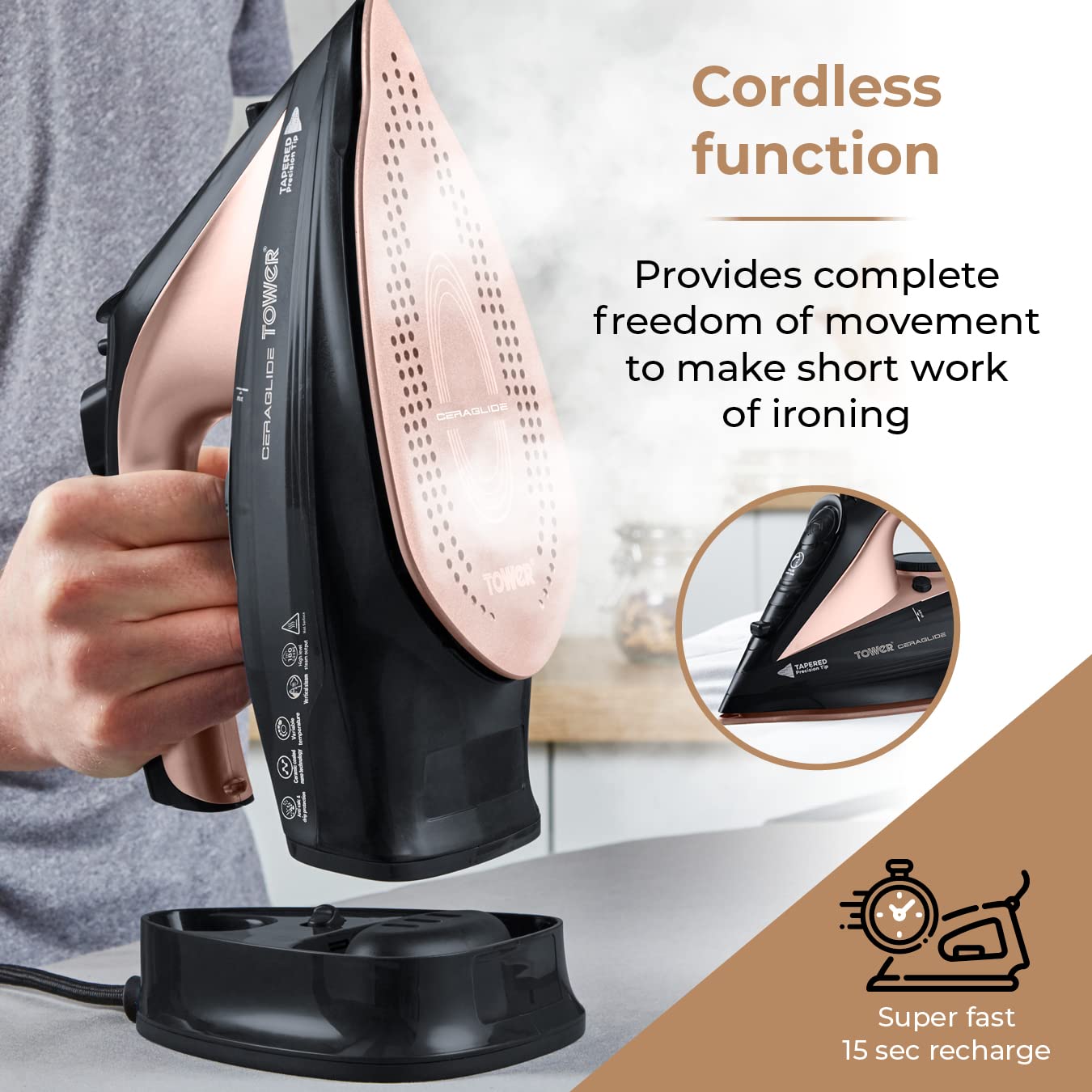 Tower T22008RG CeraGlide Cordless Steam Iron | 2400W Power | Ceramic Soleplate | Cord/Cordless 4