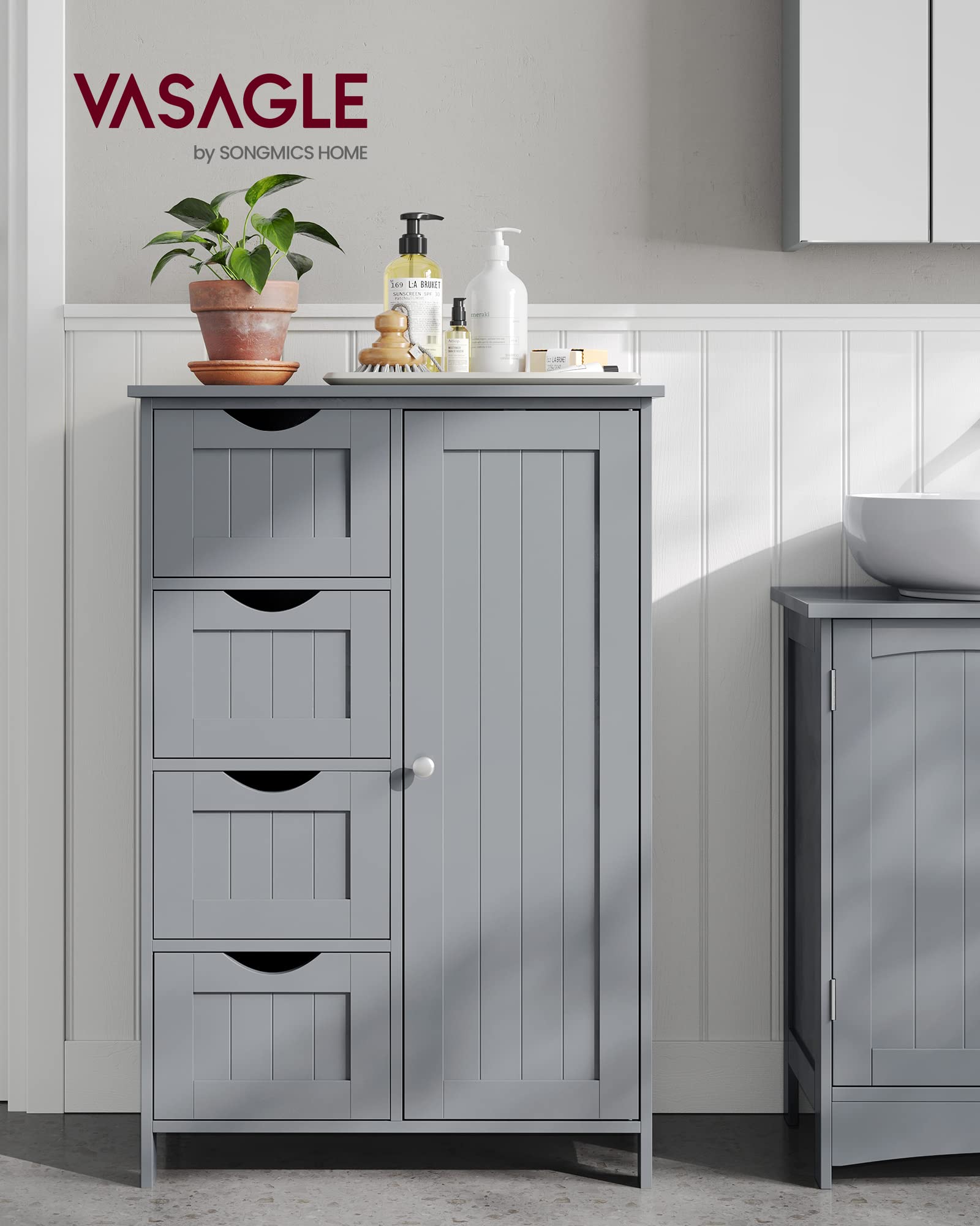 VASAGLE Bathroom Floor Storage Cabinet with 4 Drawers | Dove Grey | 30 x 55 x 82 cm 2