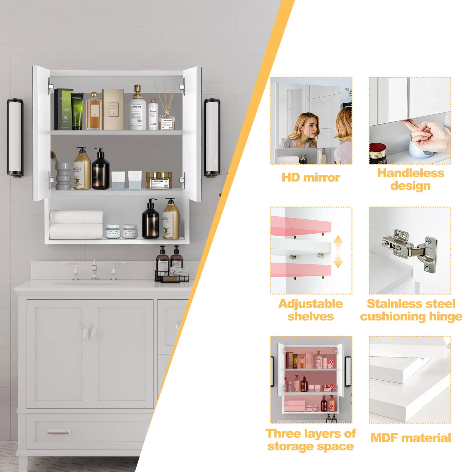 TUKAILAi 2-Door Wall Mounted Bathroom Mirror Cabinet with Adjustable Shelves | White | 50x60x13cm 4