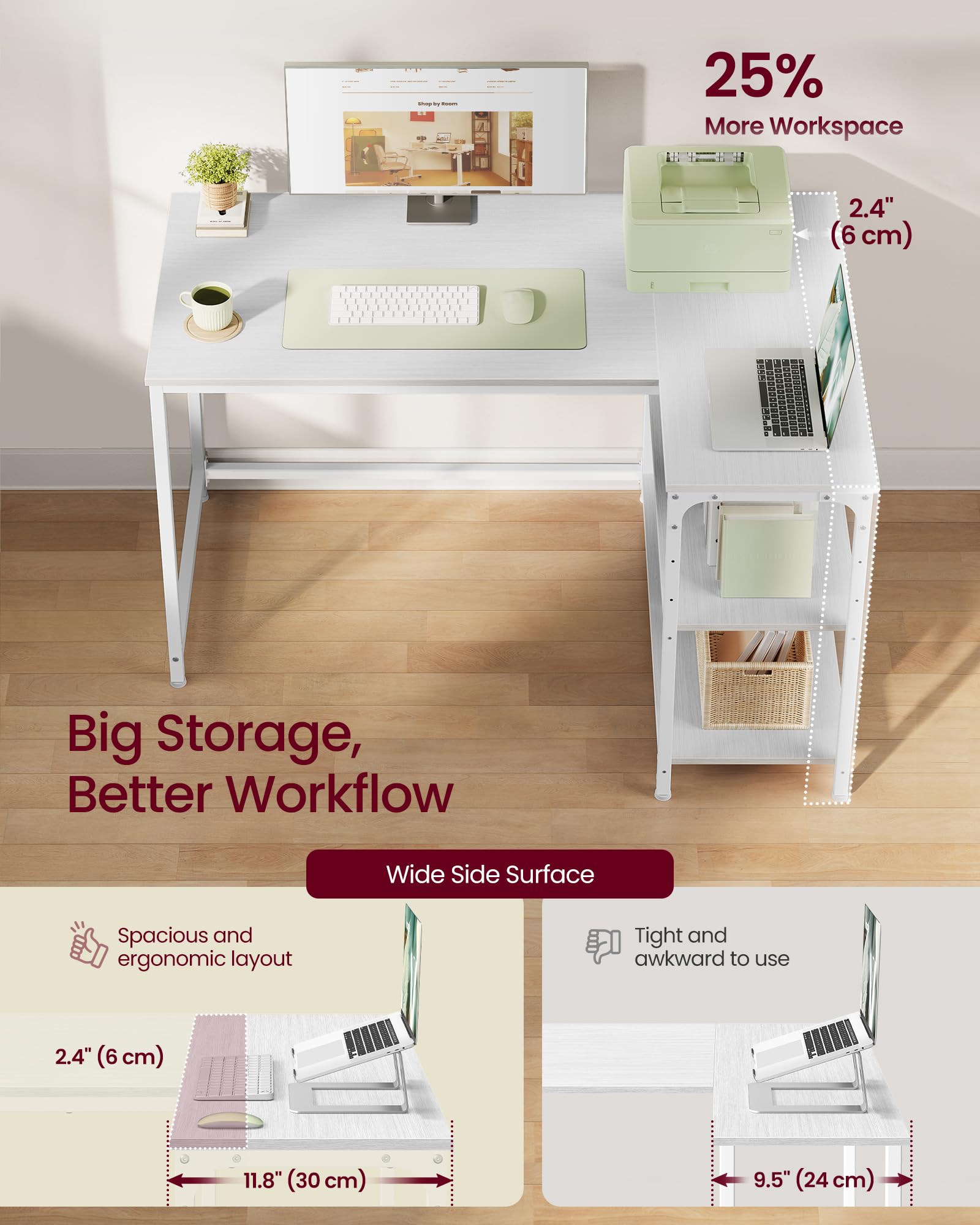 VASAGLE L Shaped Corner Desk - Reversible Storage | Maple White | 110 x 80 cm 4