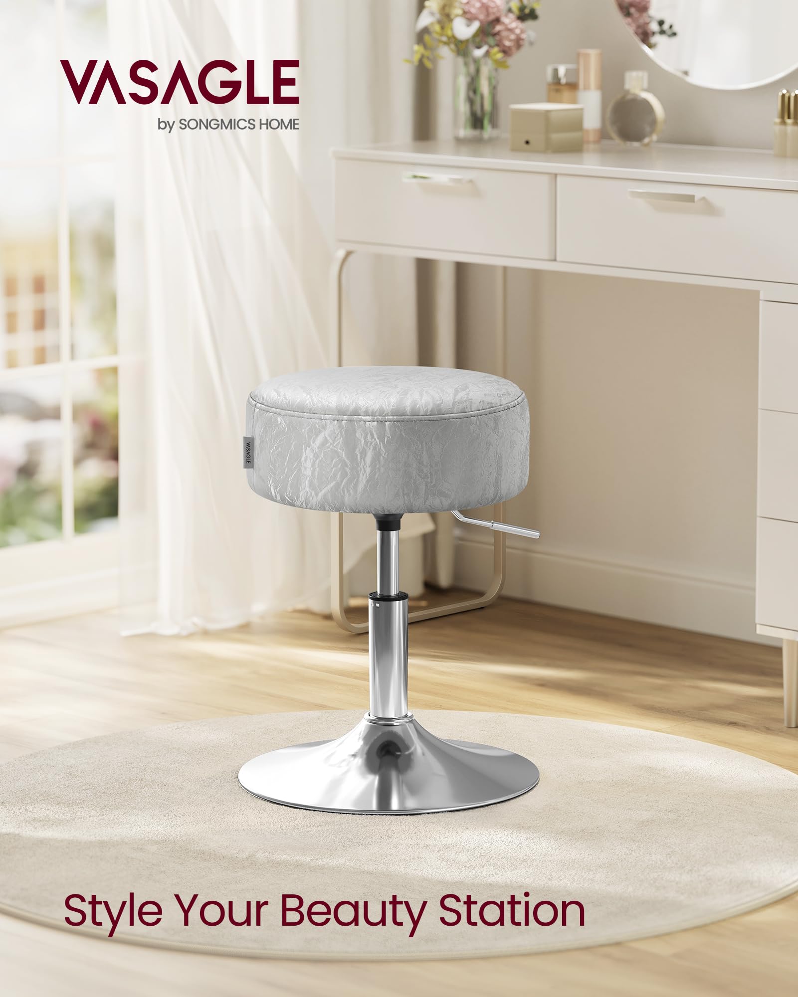 VASAGLE Height Adjustable Makeup Vanity Stool - Dove Grey PU Leather | 360° Swivel | 45.5-57.5 cm Height